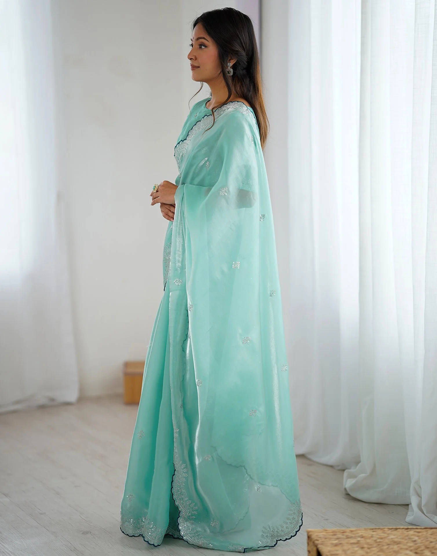 Sky Blue Tissue Silk Embroidery Saree - Image 4