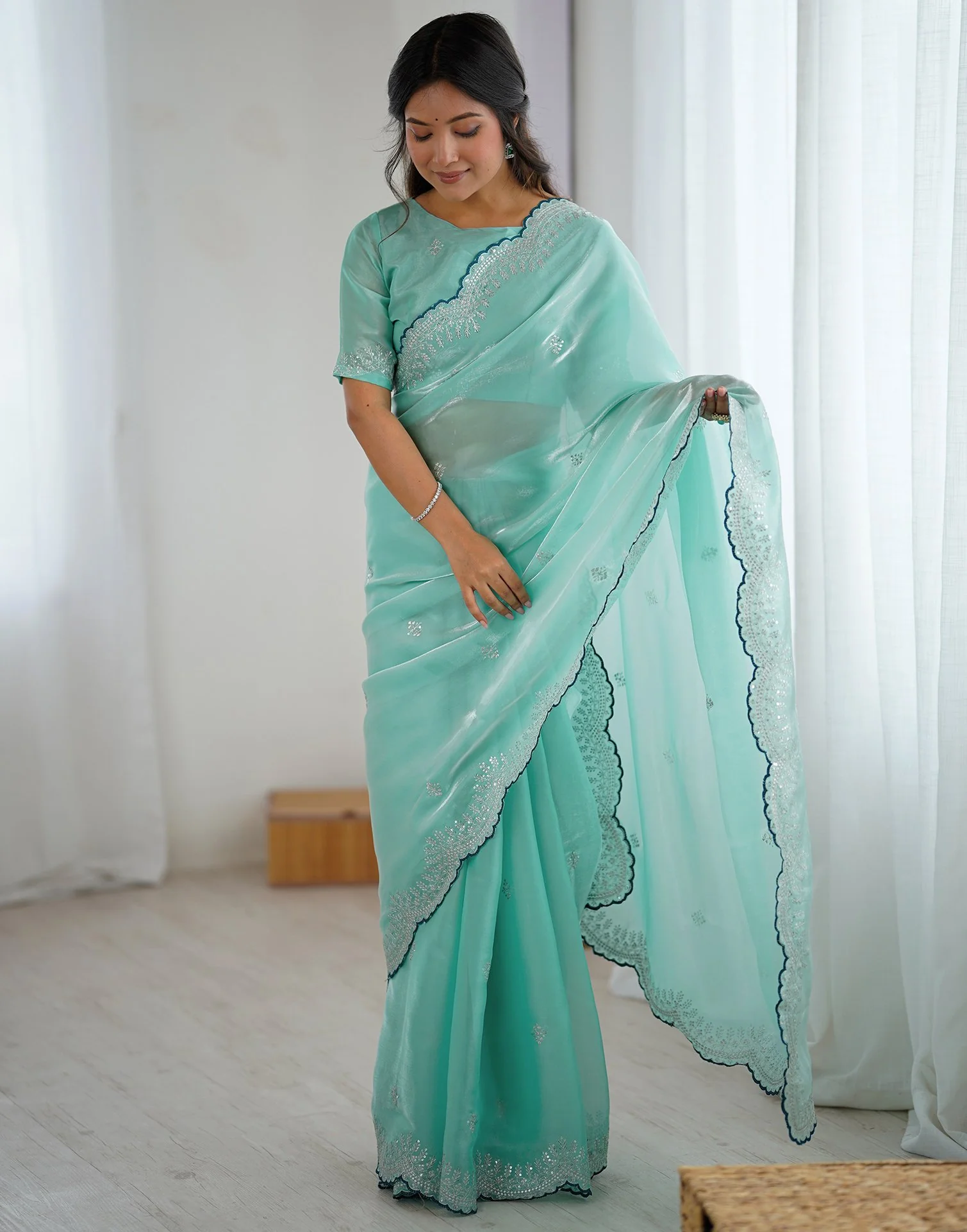 Sky Blue Tissue Silk Embroidery Saree - Image 8