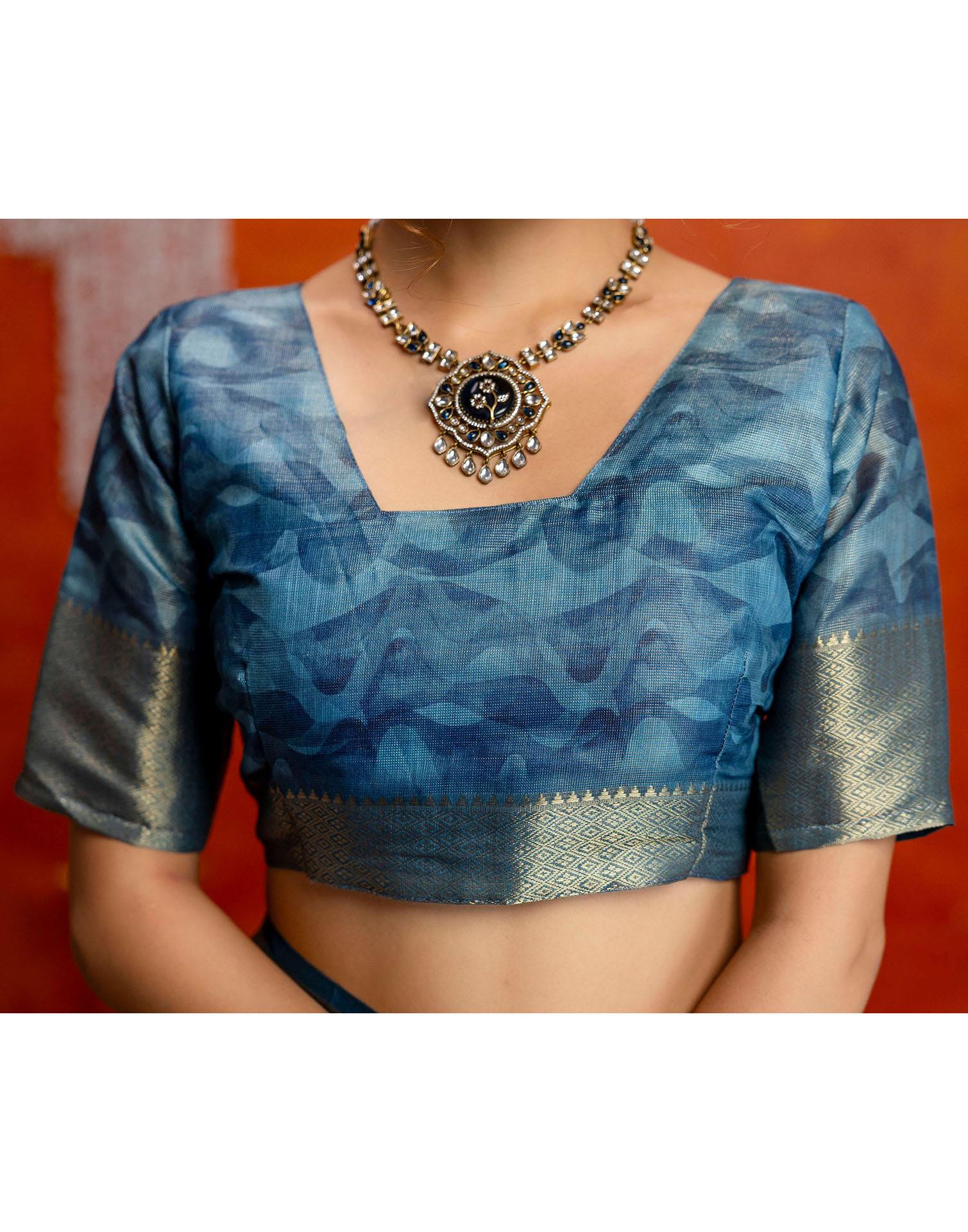 Steel Blue Cotton Printed Woven Saree - Image 11