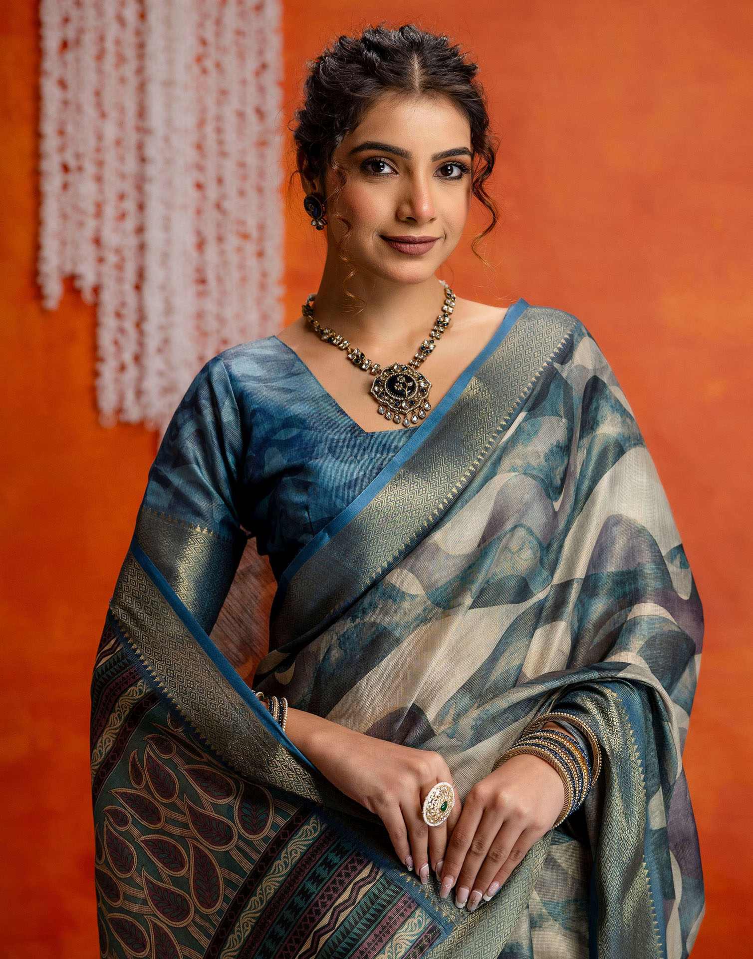 Steel Blue Cotton Printed Woven Saree - Image 4
