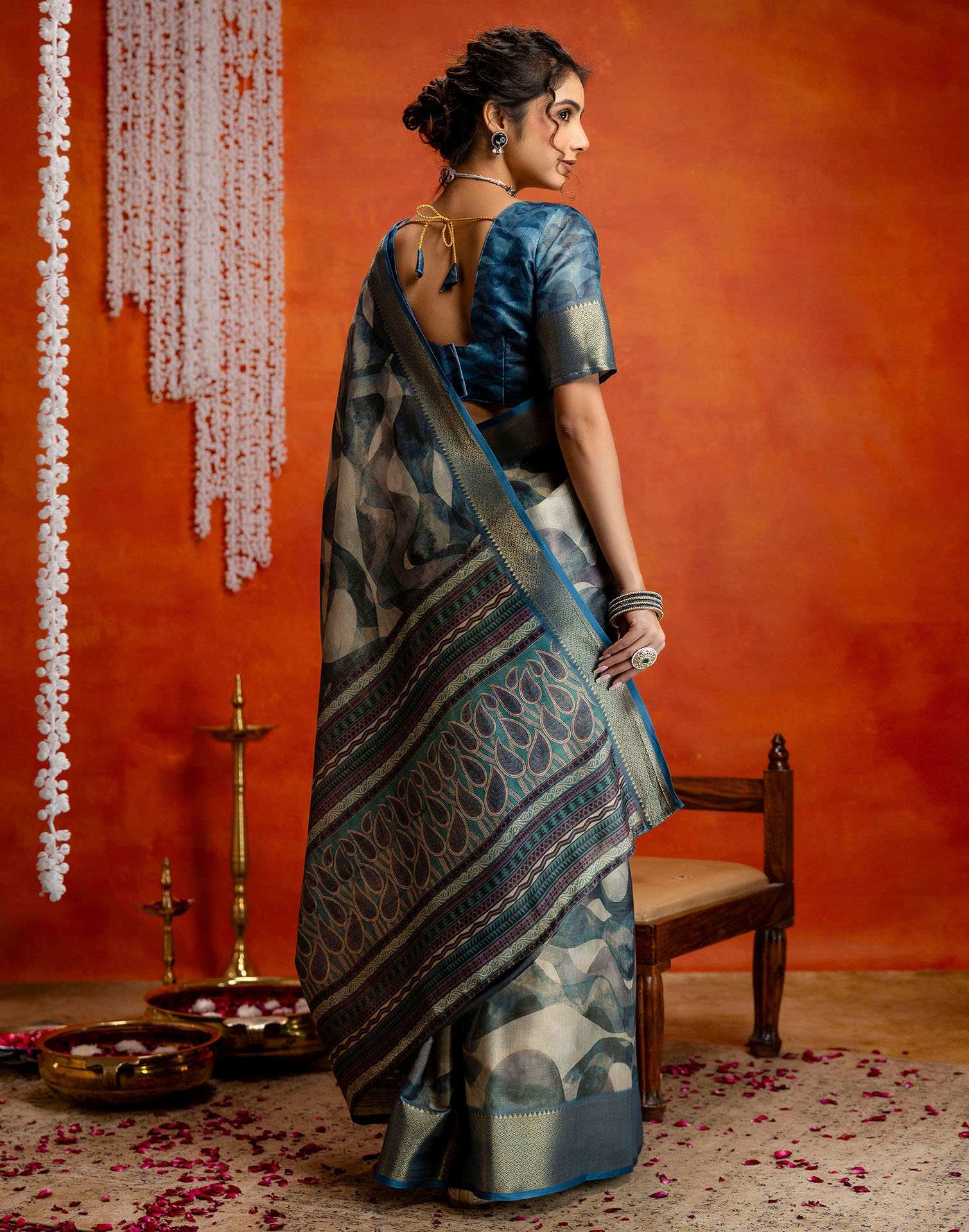 Steel Blue Cotton Printed Woven Saree - Image 7