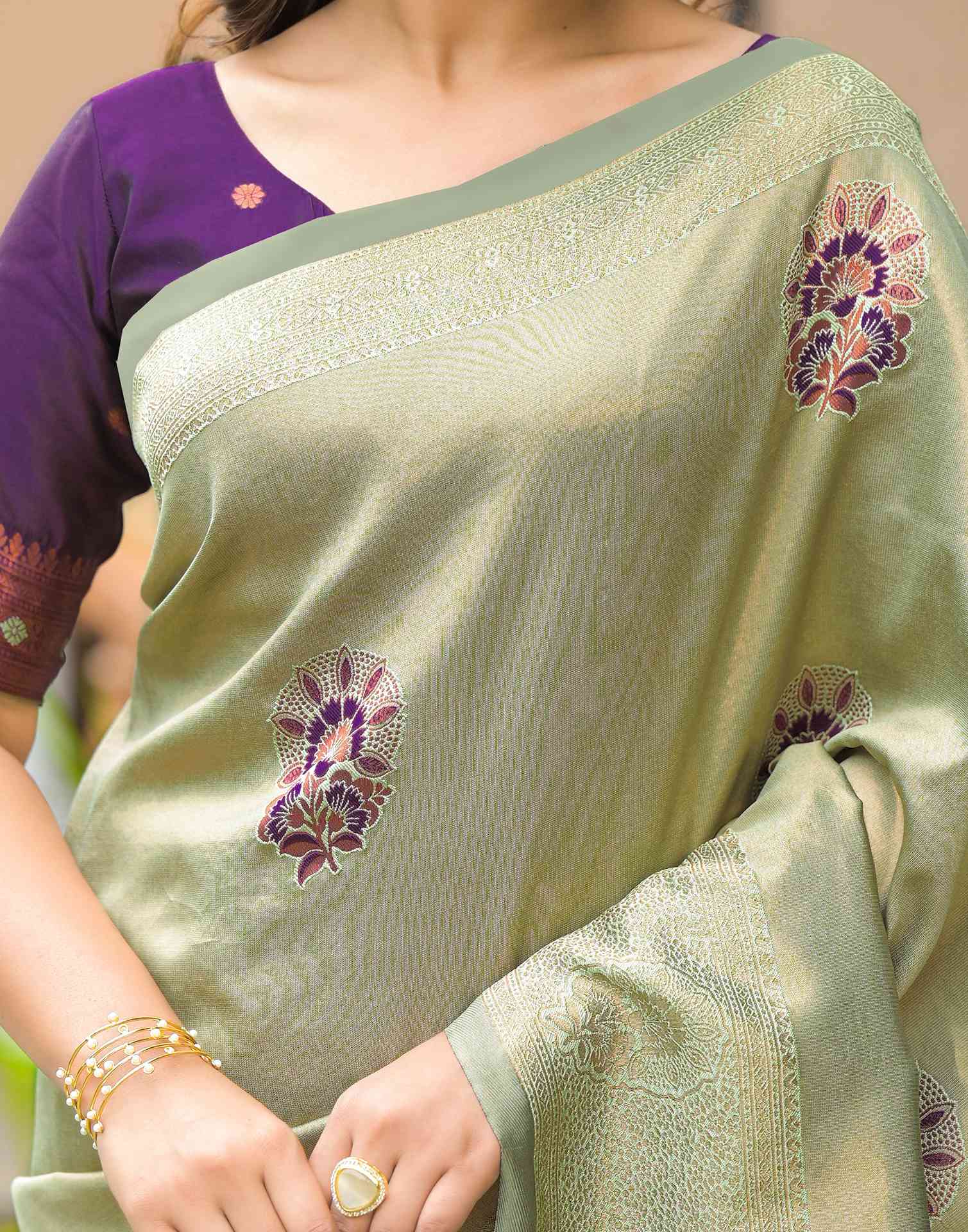 Tea Green Silk Woven Saree - Image 8