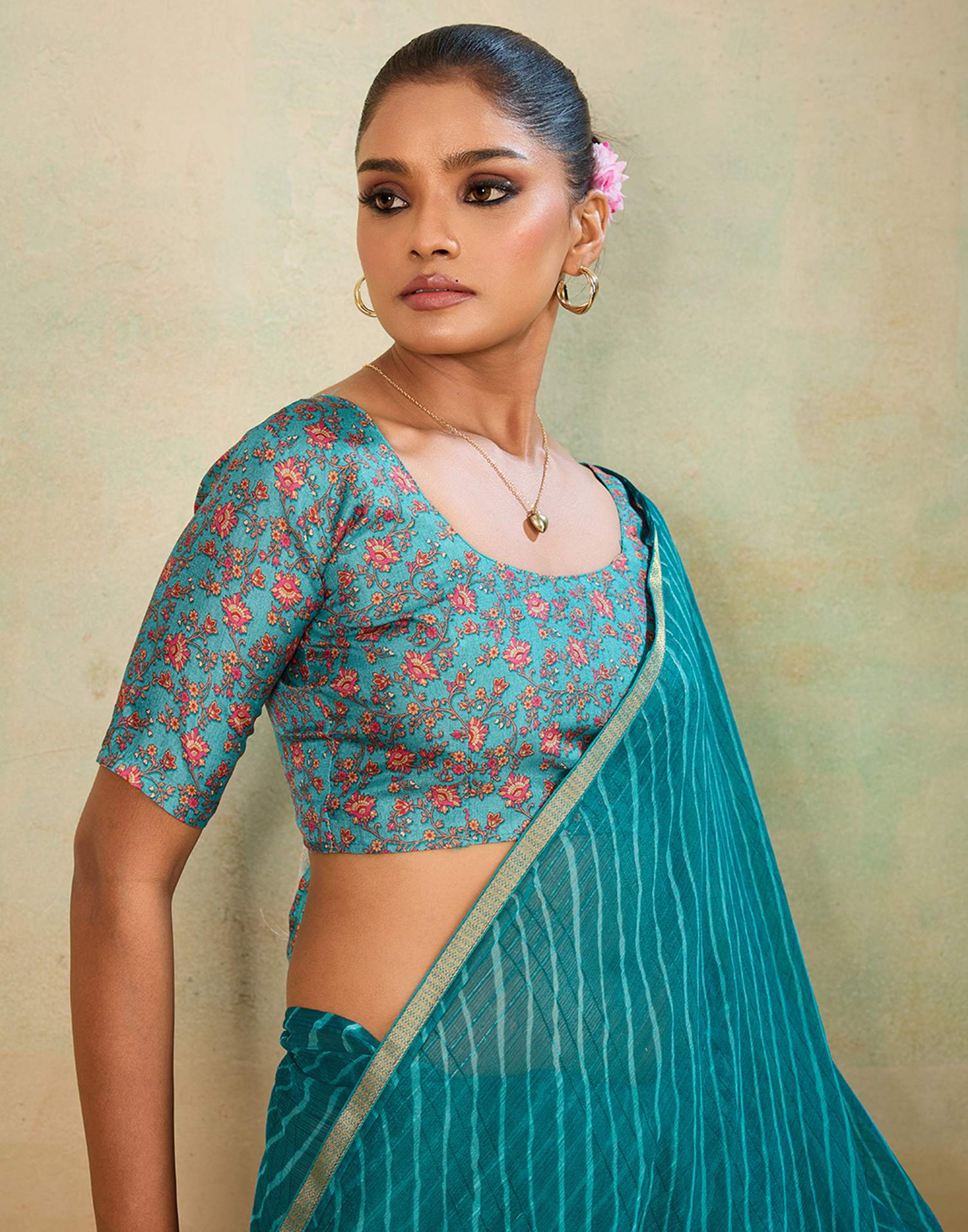 Teal Blue Chiffon Laheriya Saree - Image 2