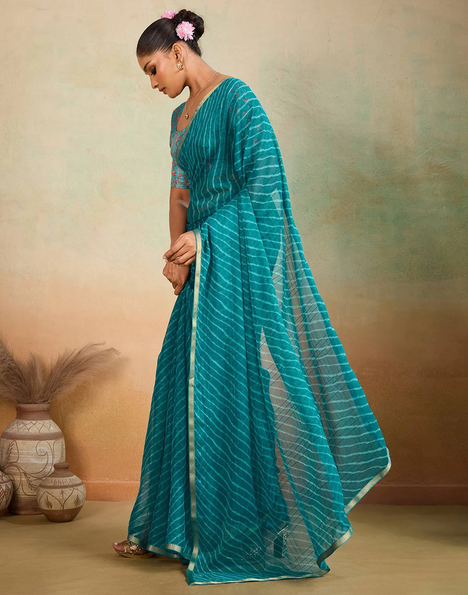 Teal Blue Chiffon Laheriya Saree - Image 4