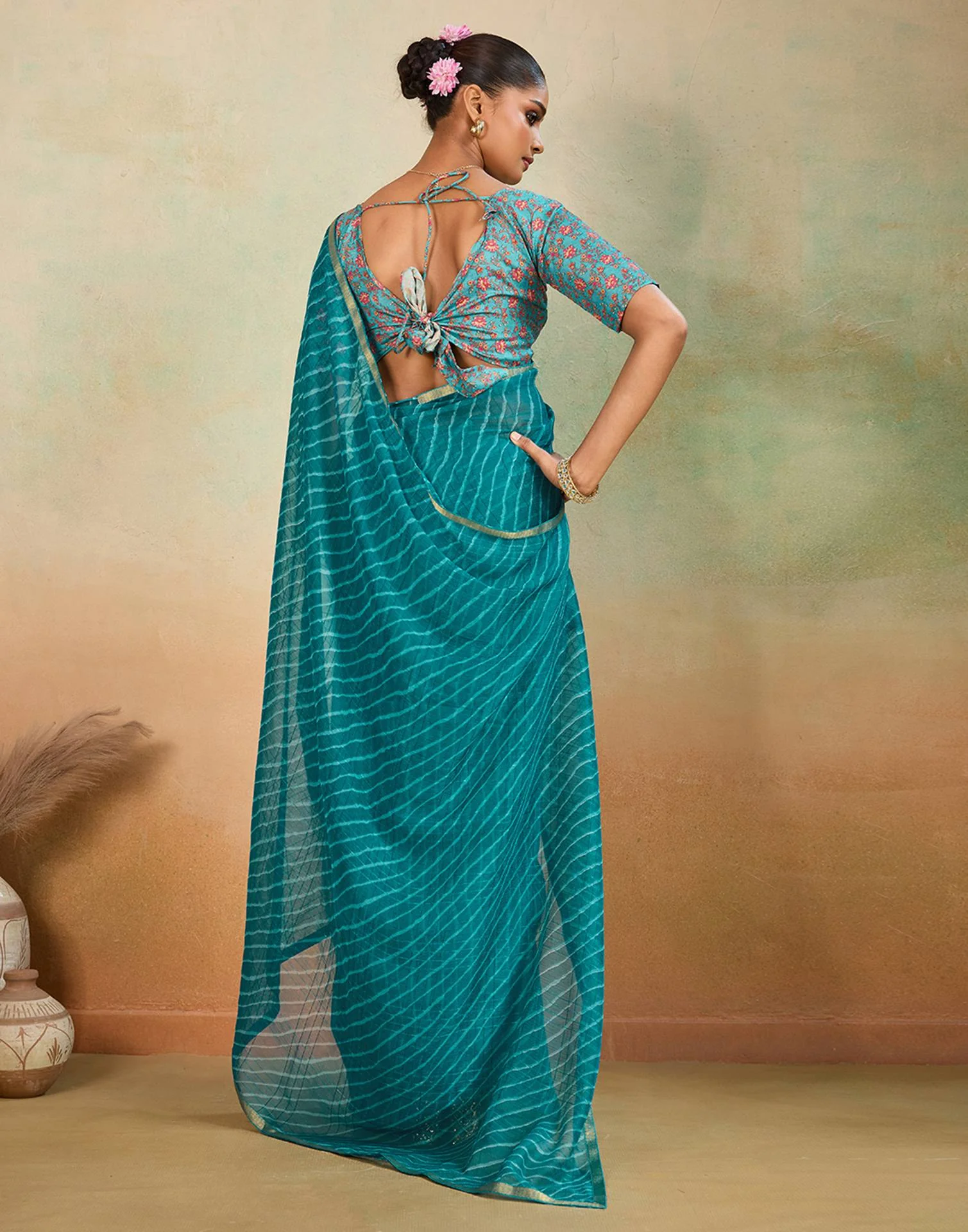 Teal Blue Chiffon Laheriya Saree - Image 6