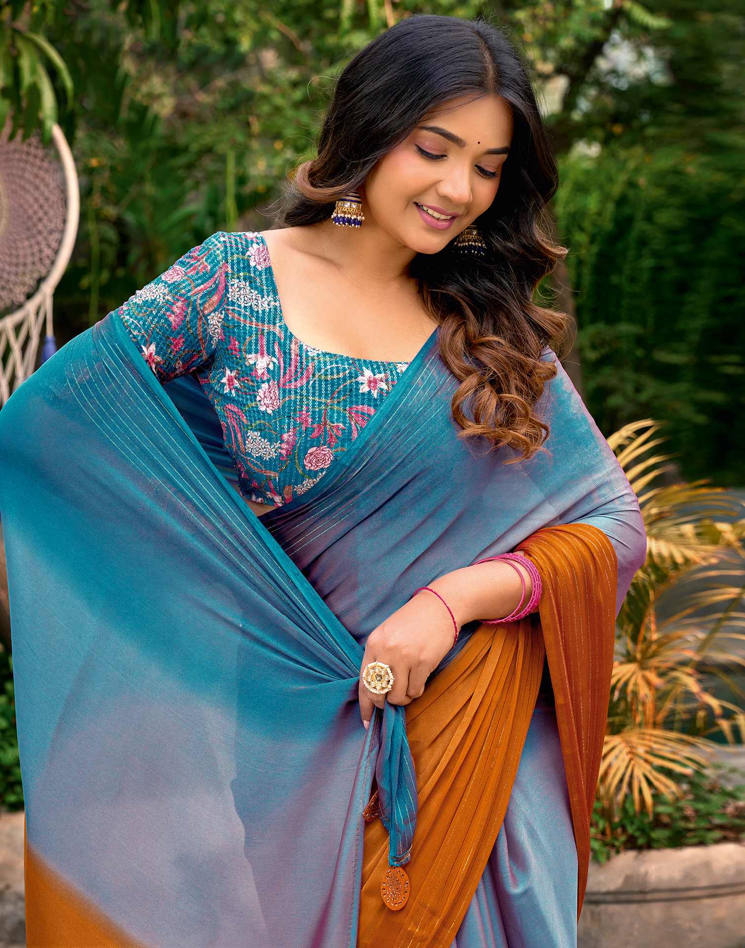 Teal Blue Chiffon Ombre Zari Stripe Saree - Image 2