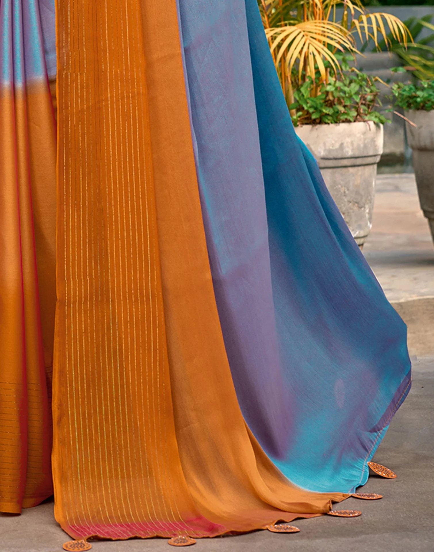 Teal Blue Chiffon Ombre Zari Stripe Saree - Image 4