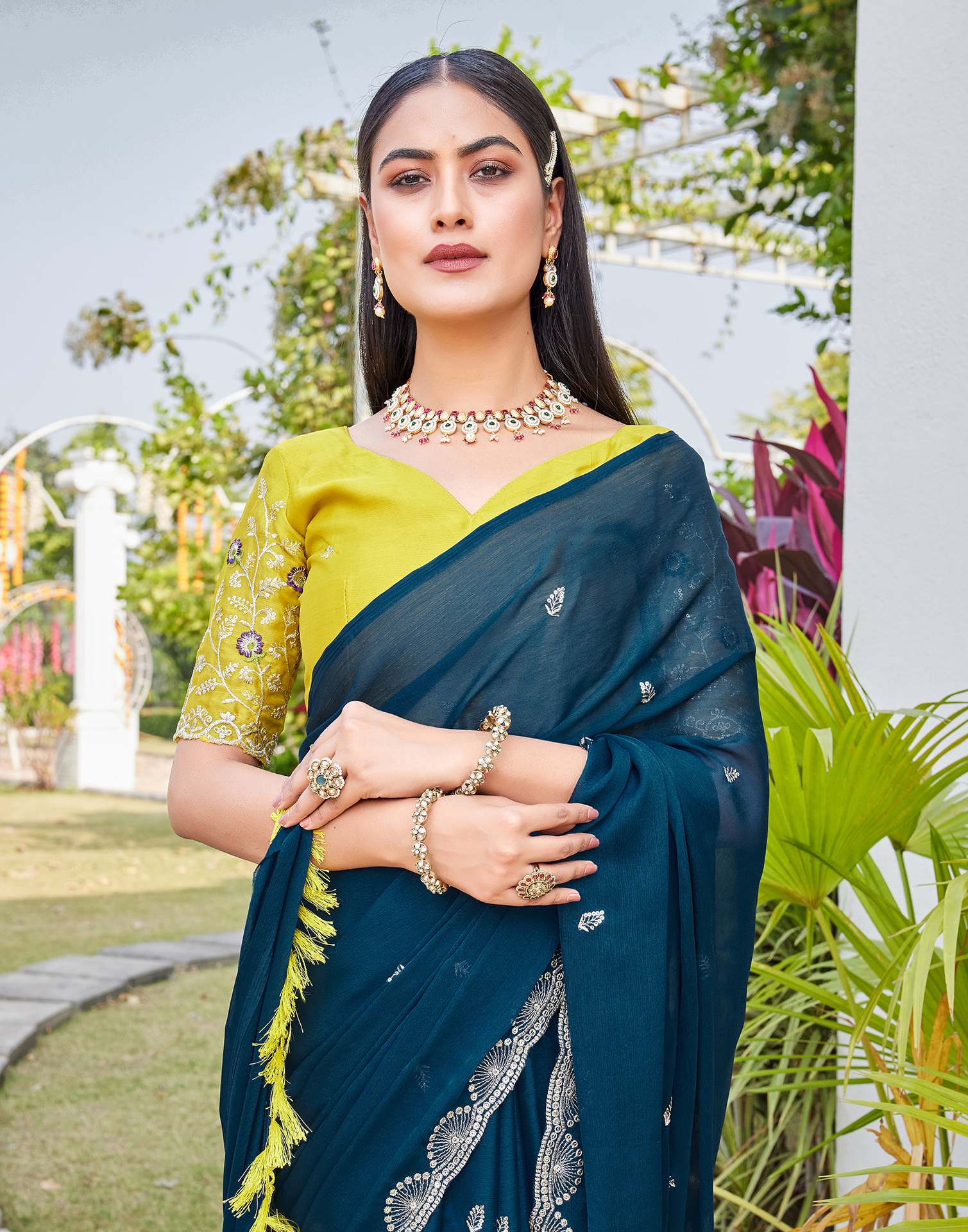 Teal Blue Chiffon Sequence Embroidery Saree - Image 7