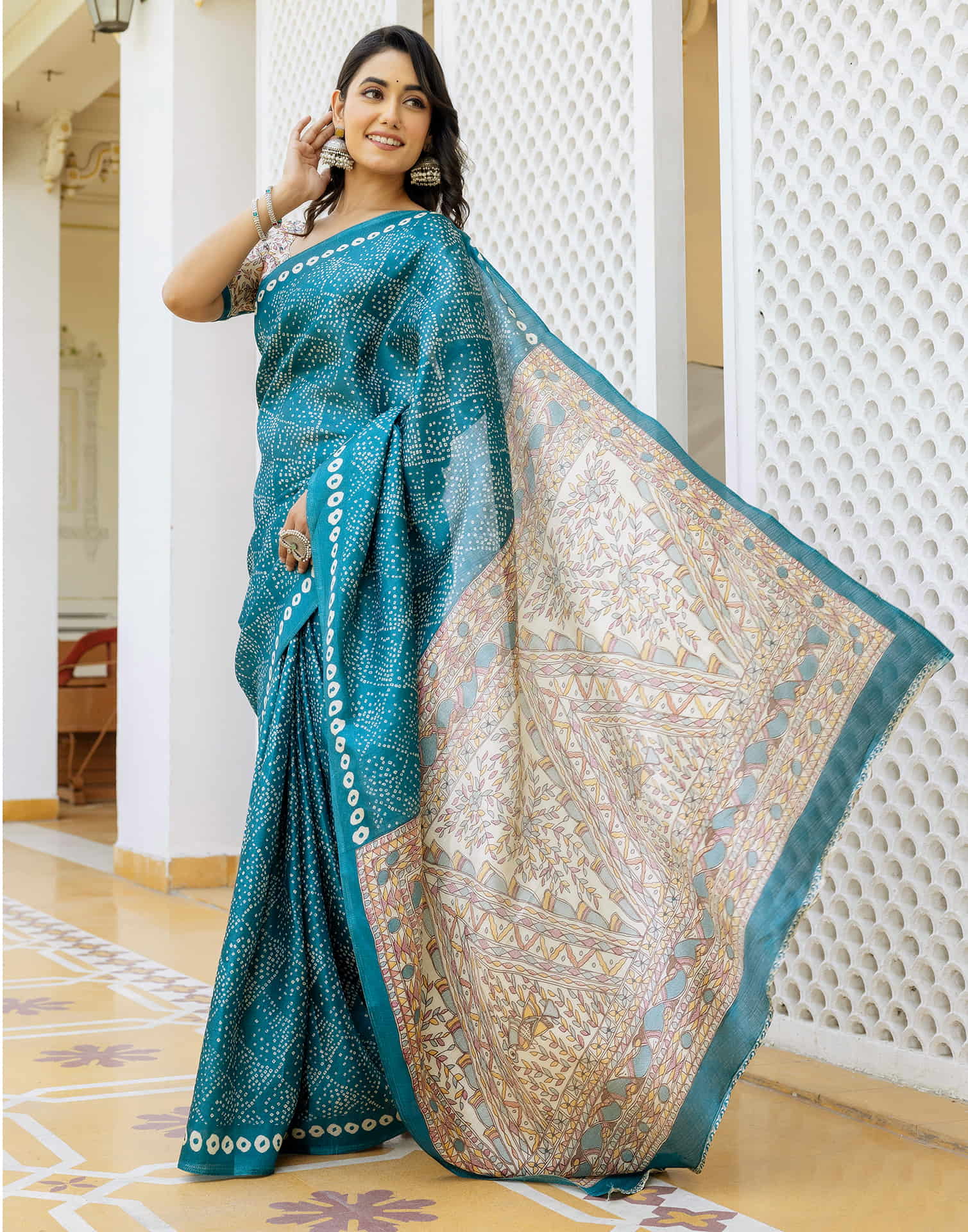 Teal Blue Cotton Blend Bandhani Printed Saree - Image 4