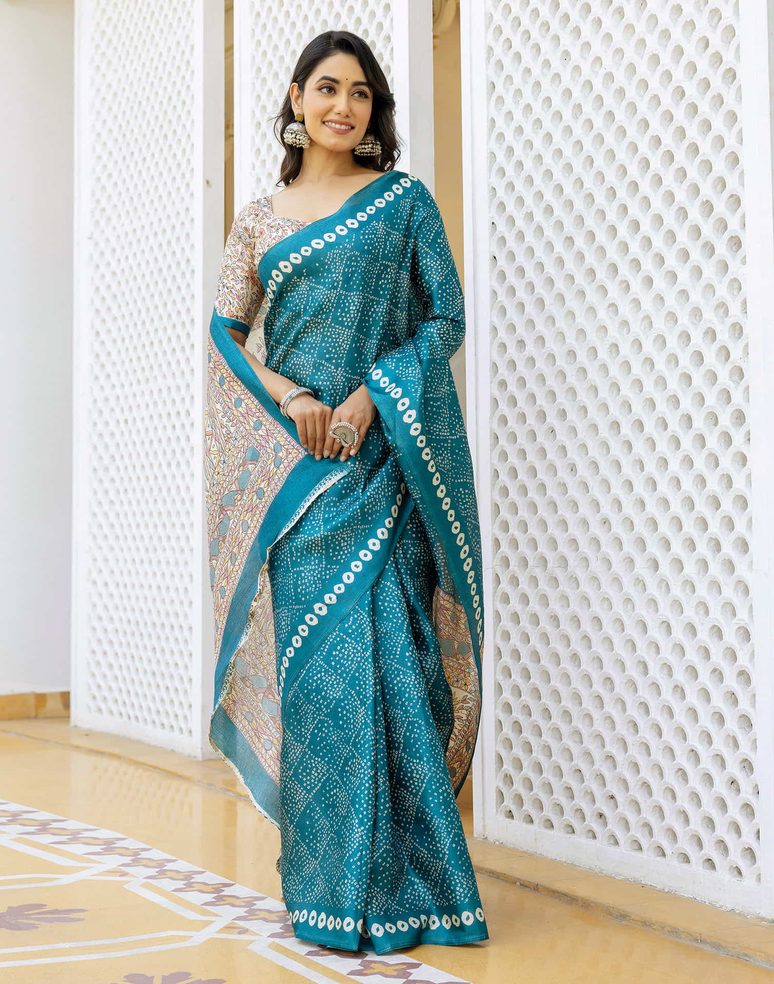 Teal Blue Cotton Blend Bandhani Printed Saree - Image 6