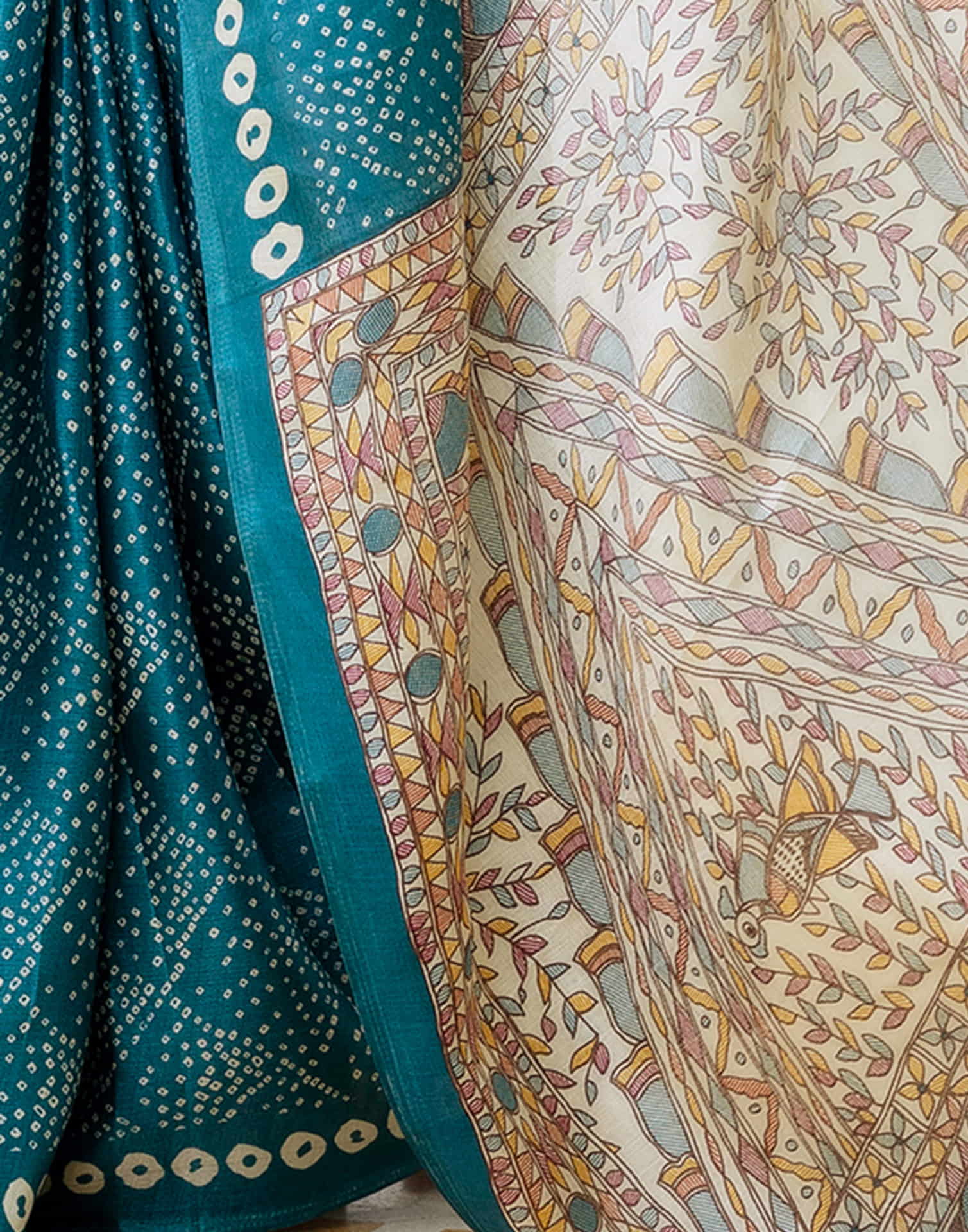 Teal Blue Cotton Blend Bandhani Printed Saree - Image 8