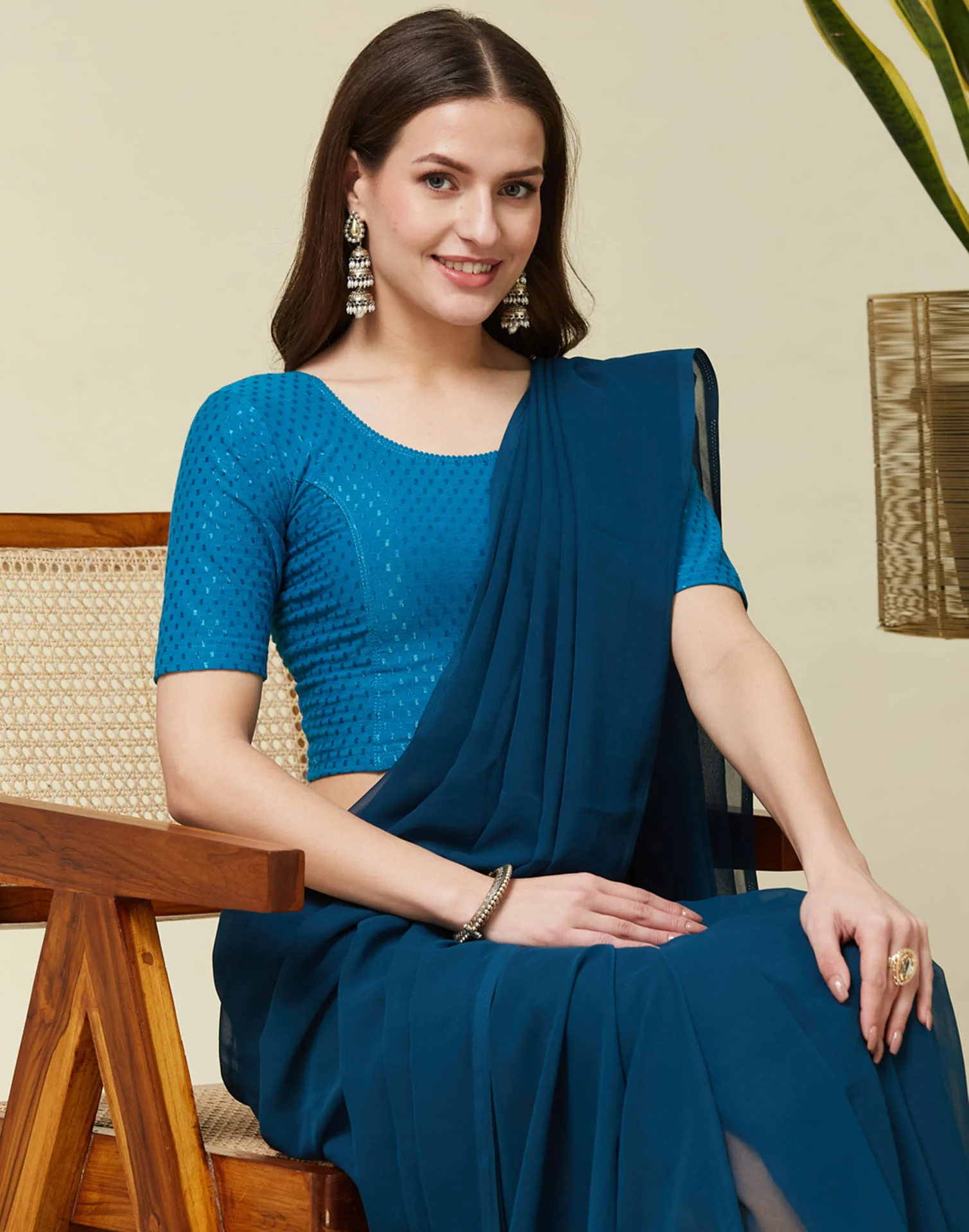 Teal Blue Cotton Dyed Self Woven Blouse - Image 2