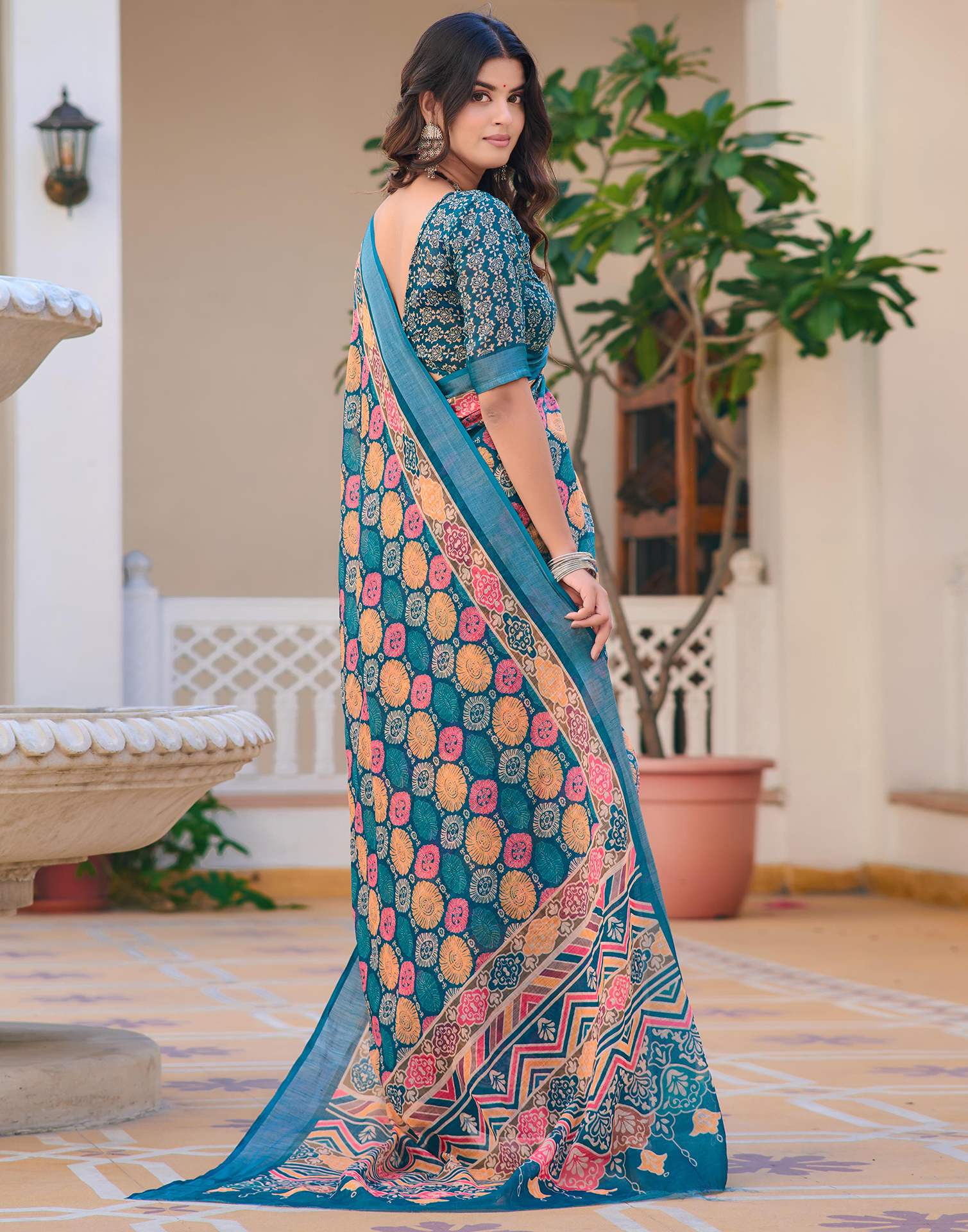 Teal Blue Cotton Linen Printed Saree - Image 5