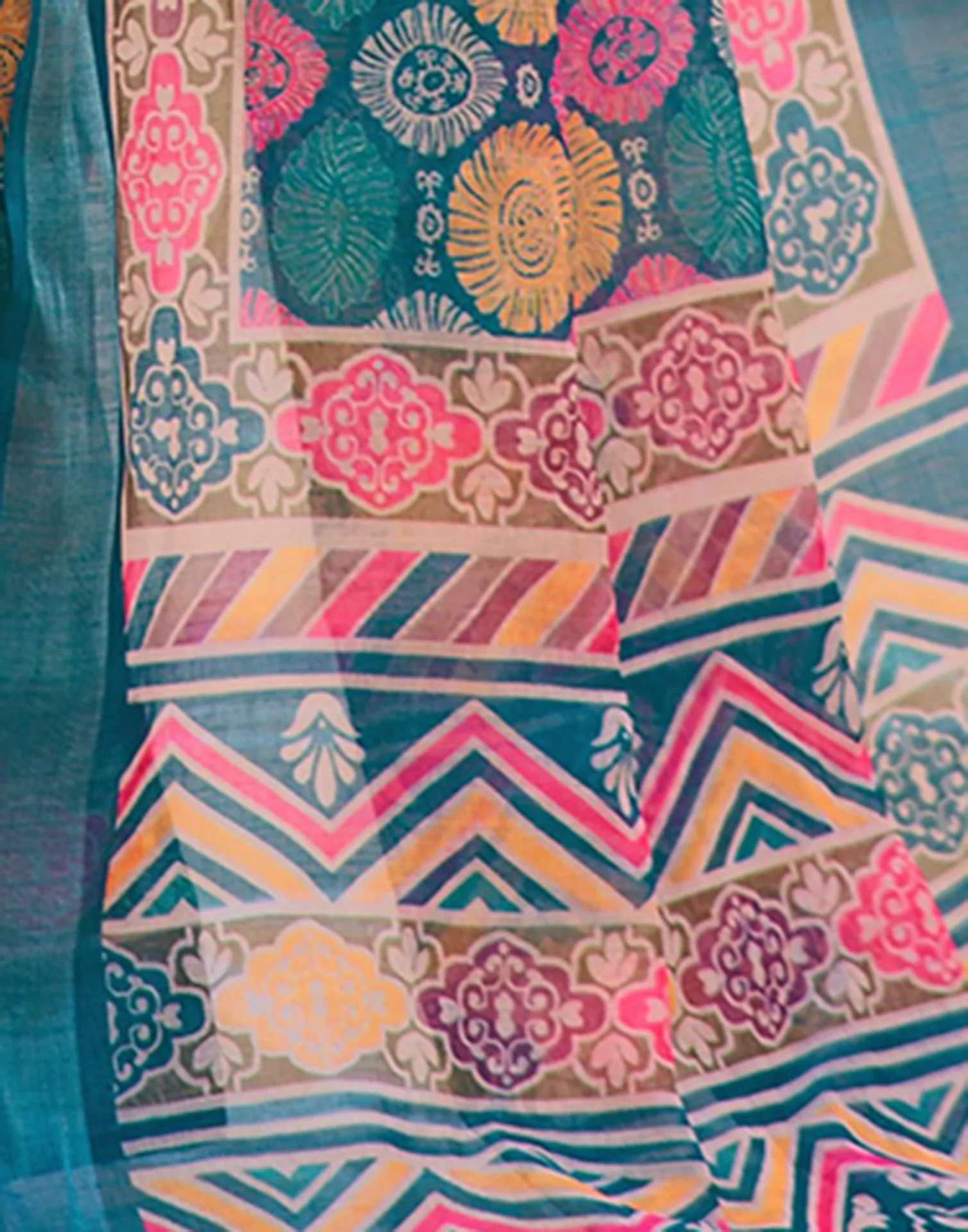 Teal Blue Cotton Linen Printed Saree - Image 8