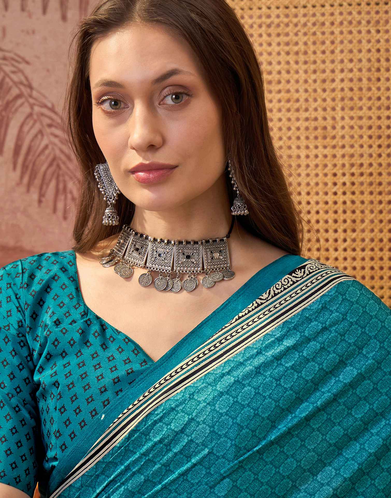 Teal Blue Crepe Silk Printed Saree - Image 3