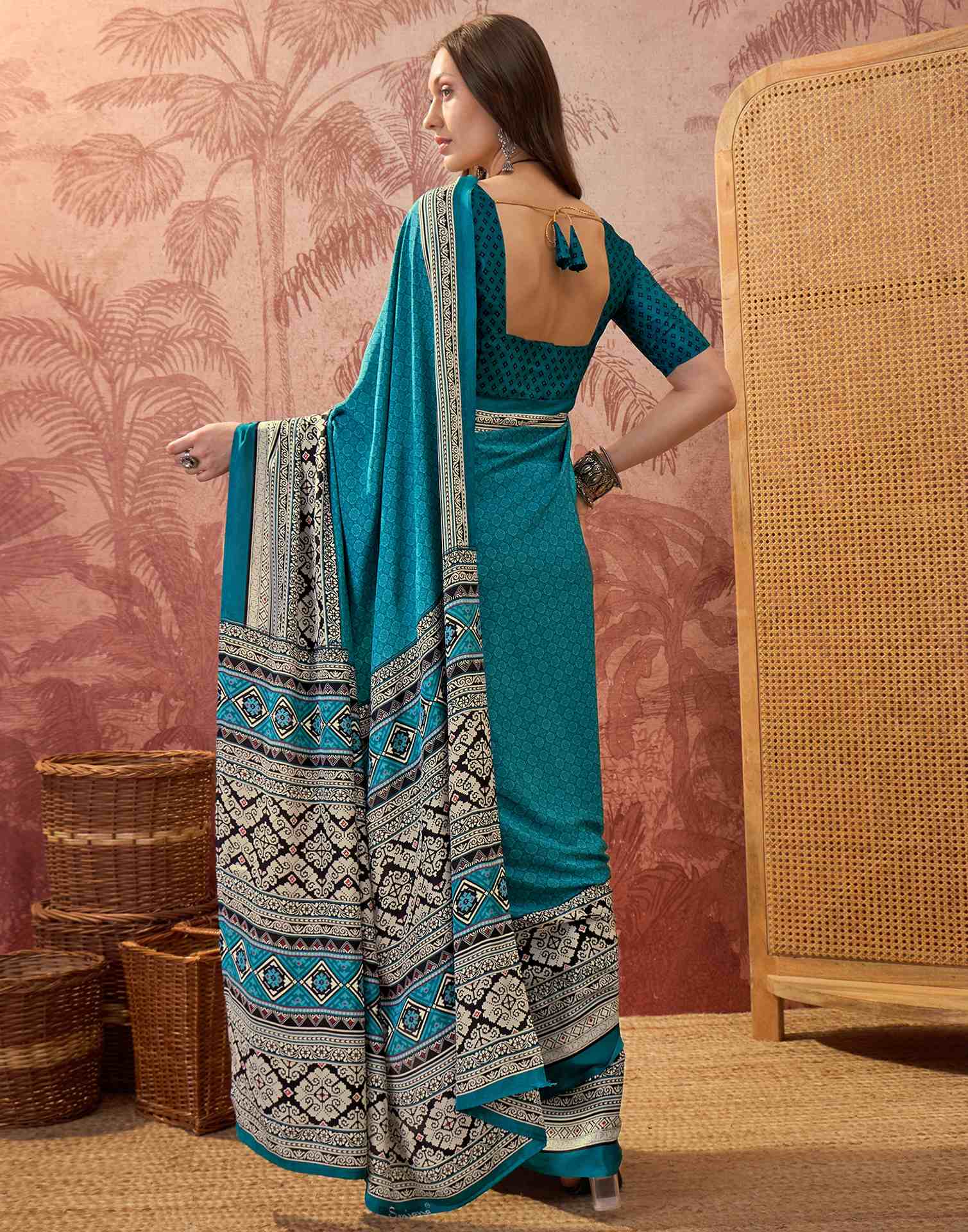 Teal Blue Crepe Silk Printed Saree - Image 7