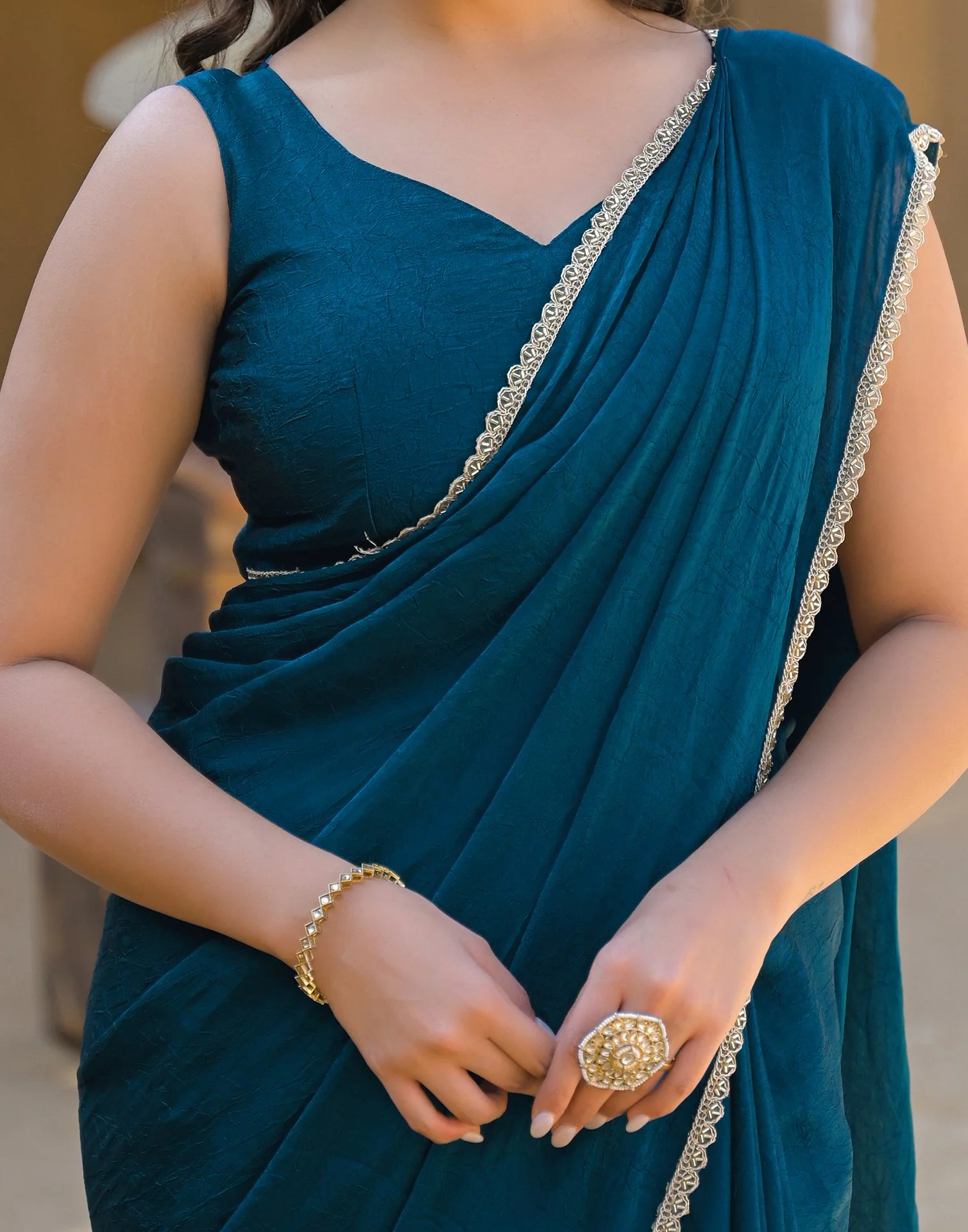 Teal Blue Crush Silk Lace Saree - Image 11