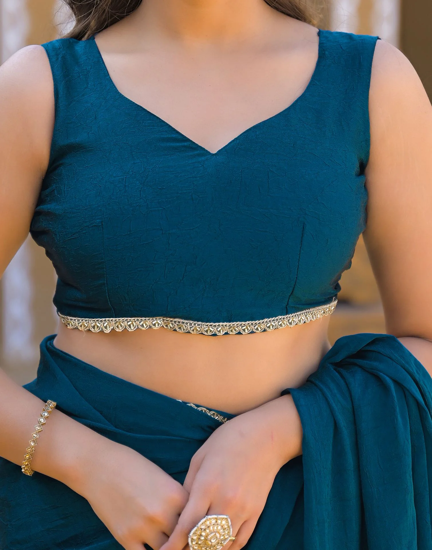 Teal Blue Crush Silk Lace Saree - Image 12