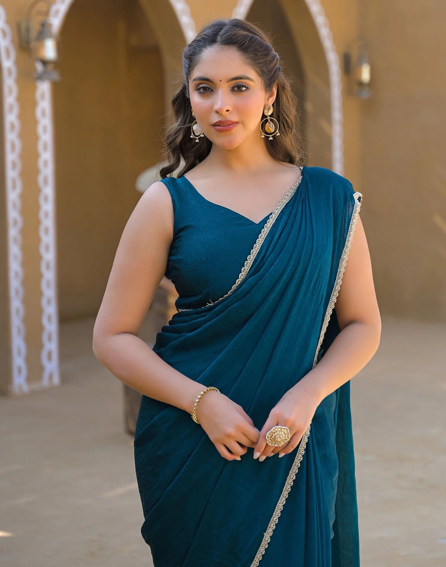 Teal Blue Crush Silk Lace Saree - Image 2
