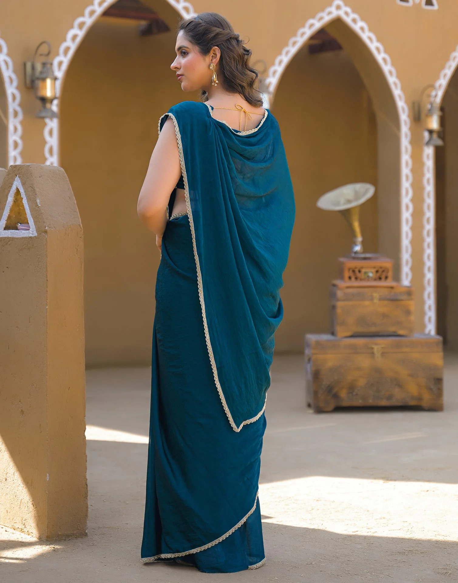 Teal Blue Crush Silk Lace Saree - Image 5