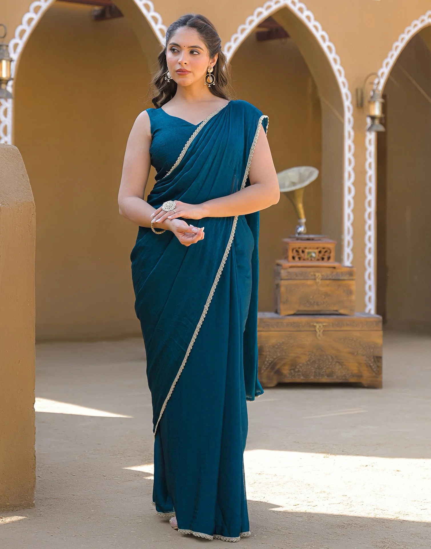 Teal Blue Crush Silk Lace Saree - Image 7