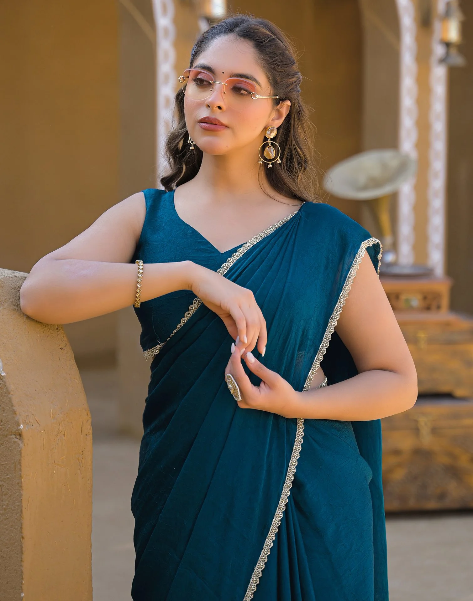 Teal Blue Crush Silk Lace Saree - Image 9