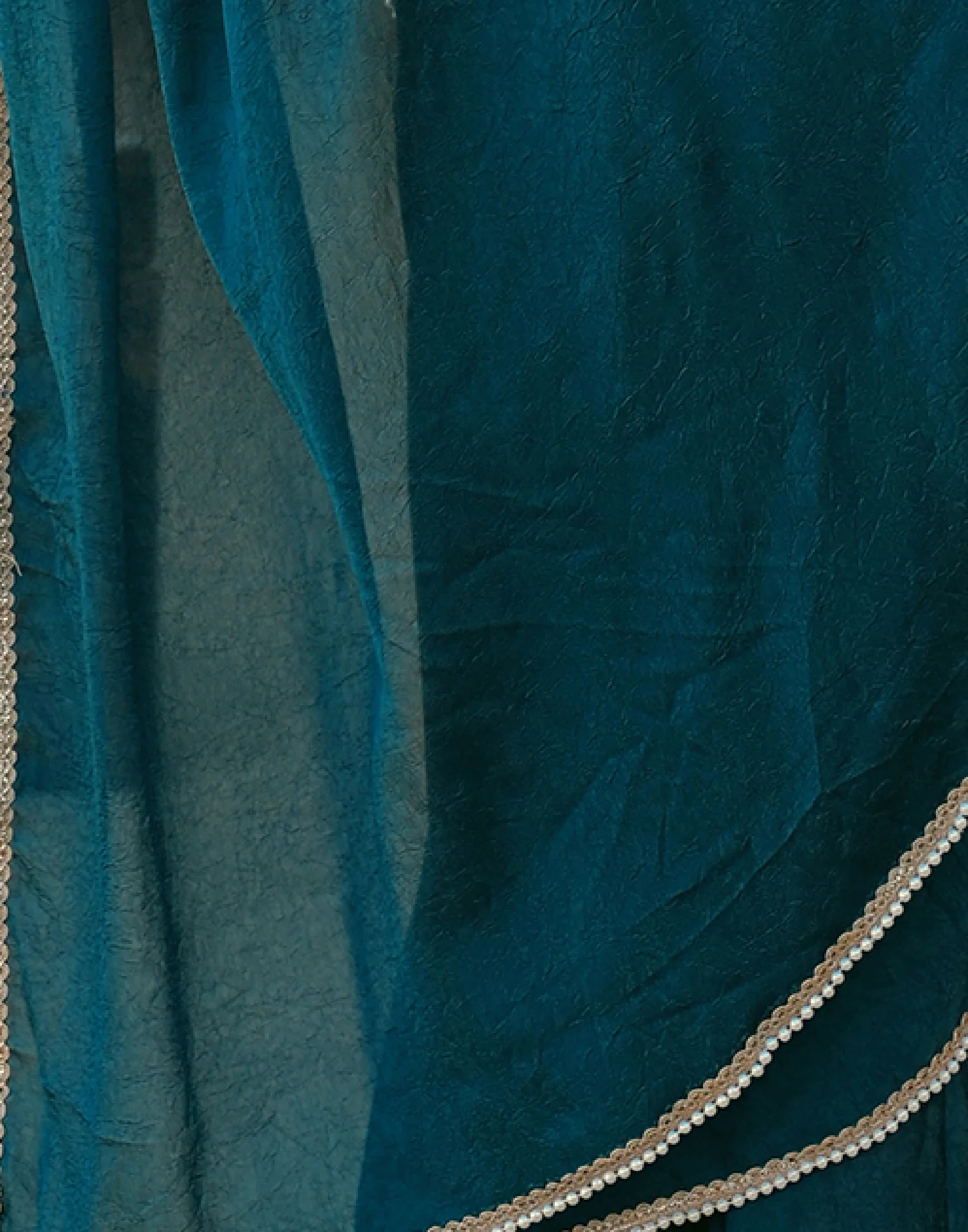Teal Blue Crush Silk Pearl Lace Saree - Image 11