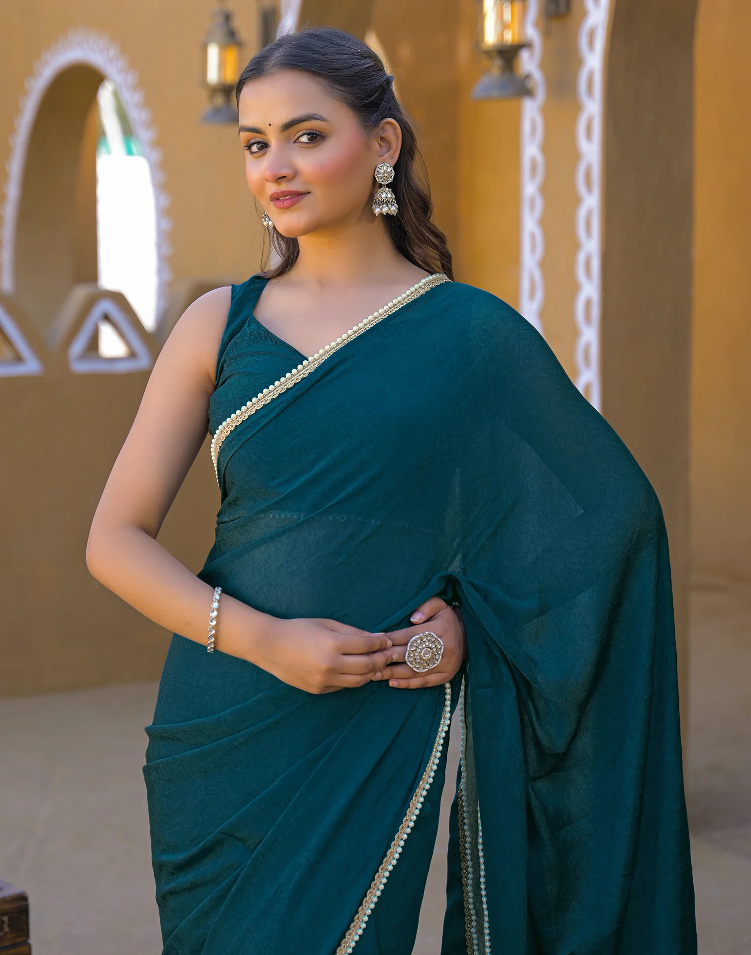 Teal Blue Crush Silk Pearl Lace Saree - Image 2