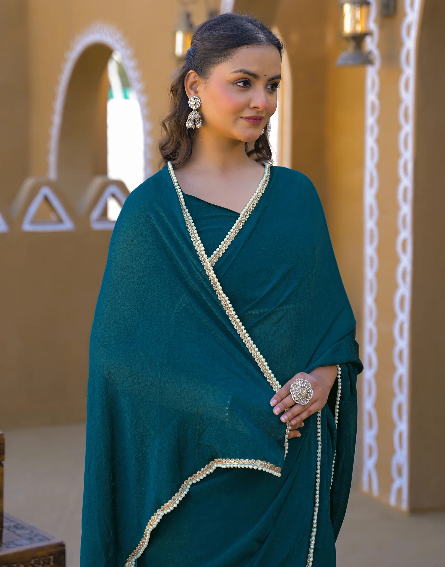 Teal Blue Crush Silk Pearl Lace Saree - Image 4