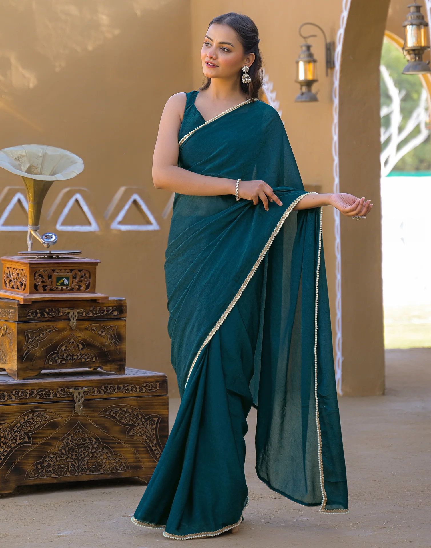 Teal Blue Crush Silk Pearl Lace Saree - Image 5