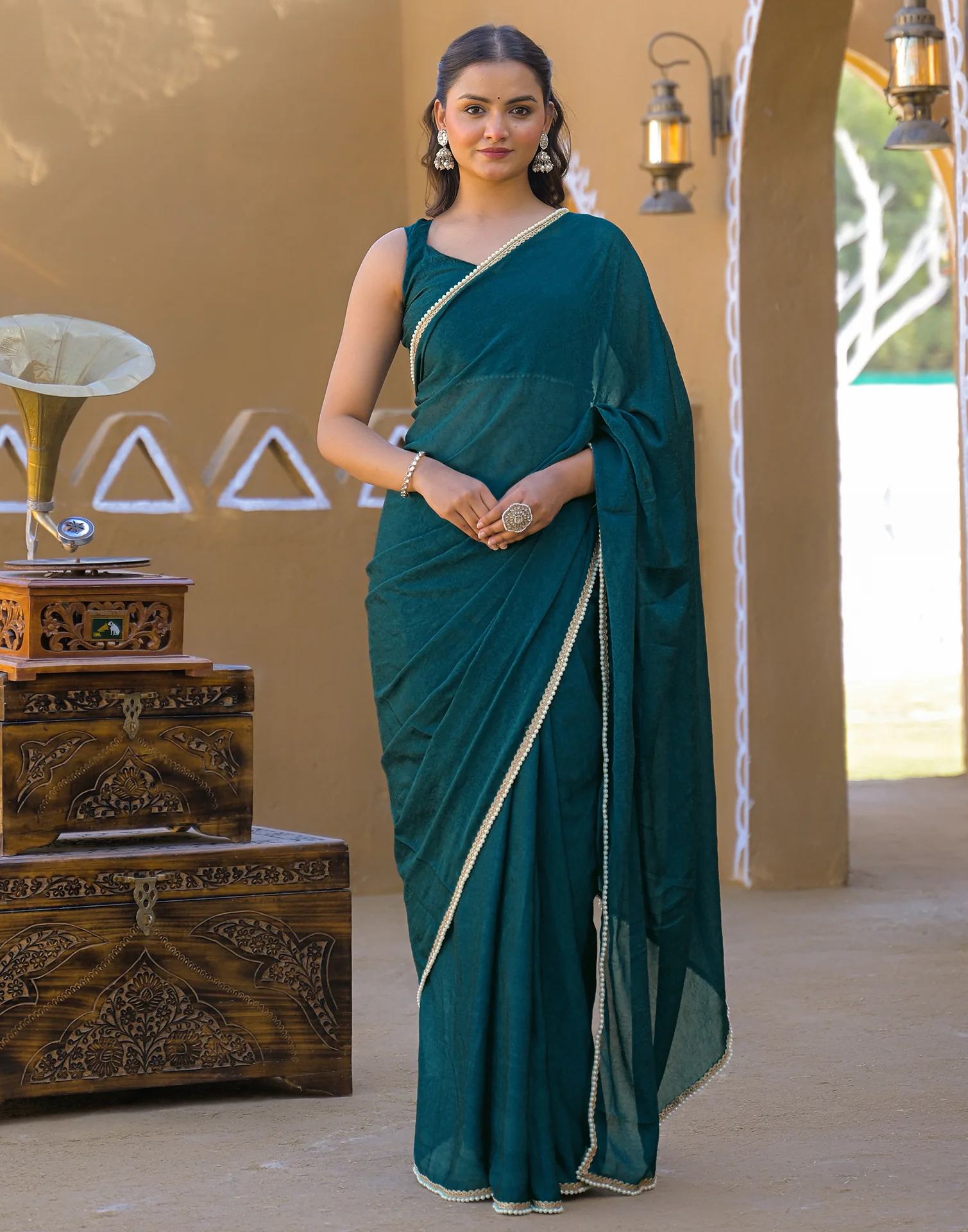 Teal Blue Crush Silk Pearl Lace Saree - Image 6