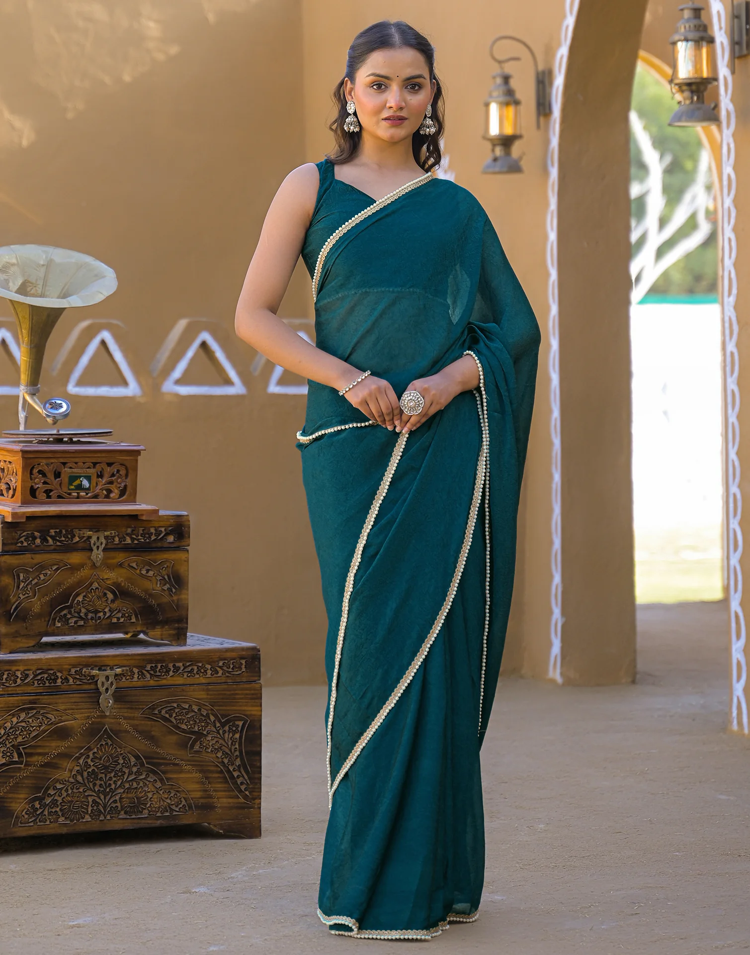 Teal Blue Crush Silk Pearl Lace Saree - Image 8