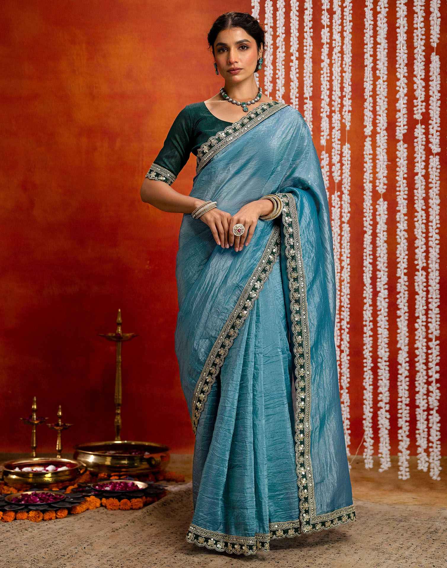 Teal Blue Crush Tissue Sequence Lace Saree - Image 2