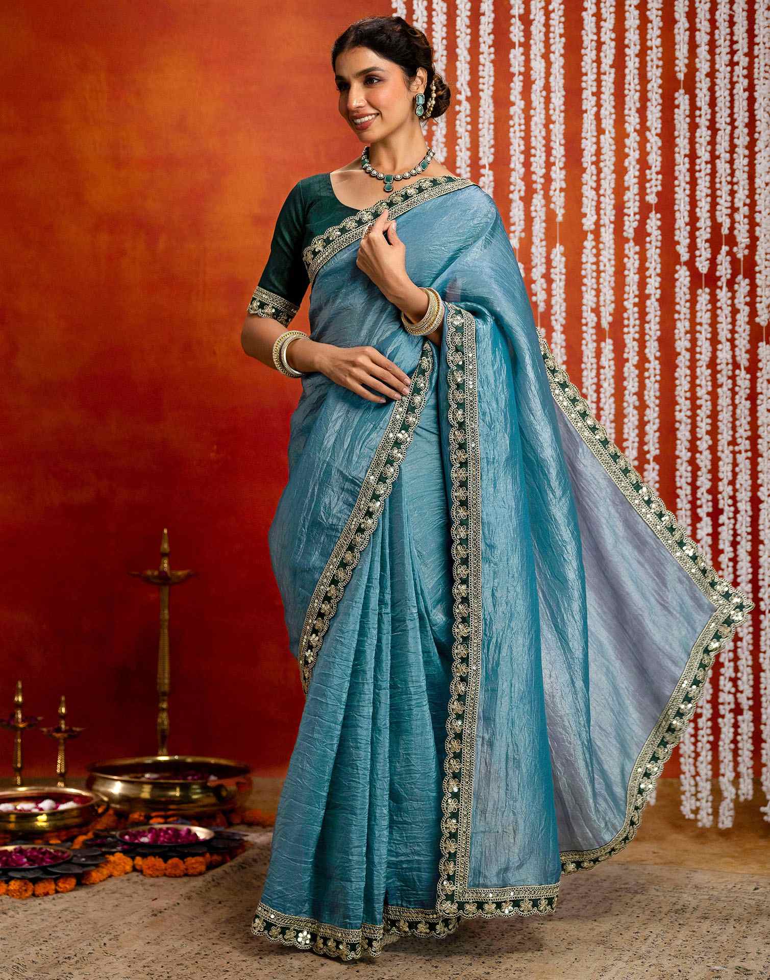 Teal Blue Crush Tissue Sequence Lace Saree - Image 5