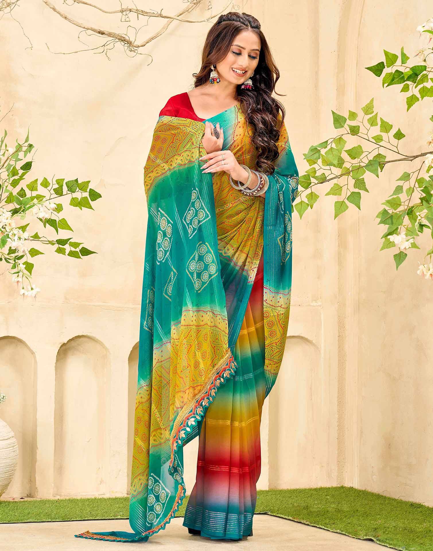 Teal Blue Georgette Bandhani Printed Saree - Image 5