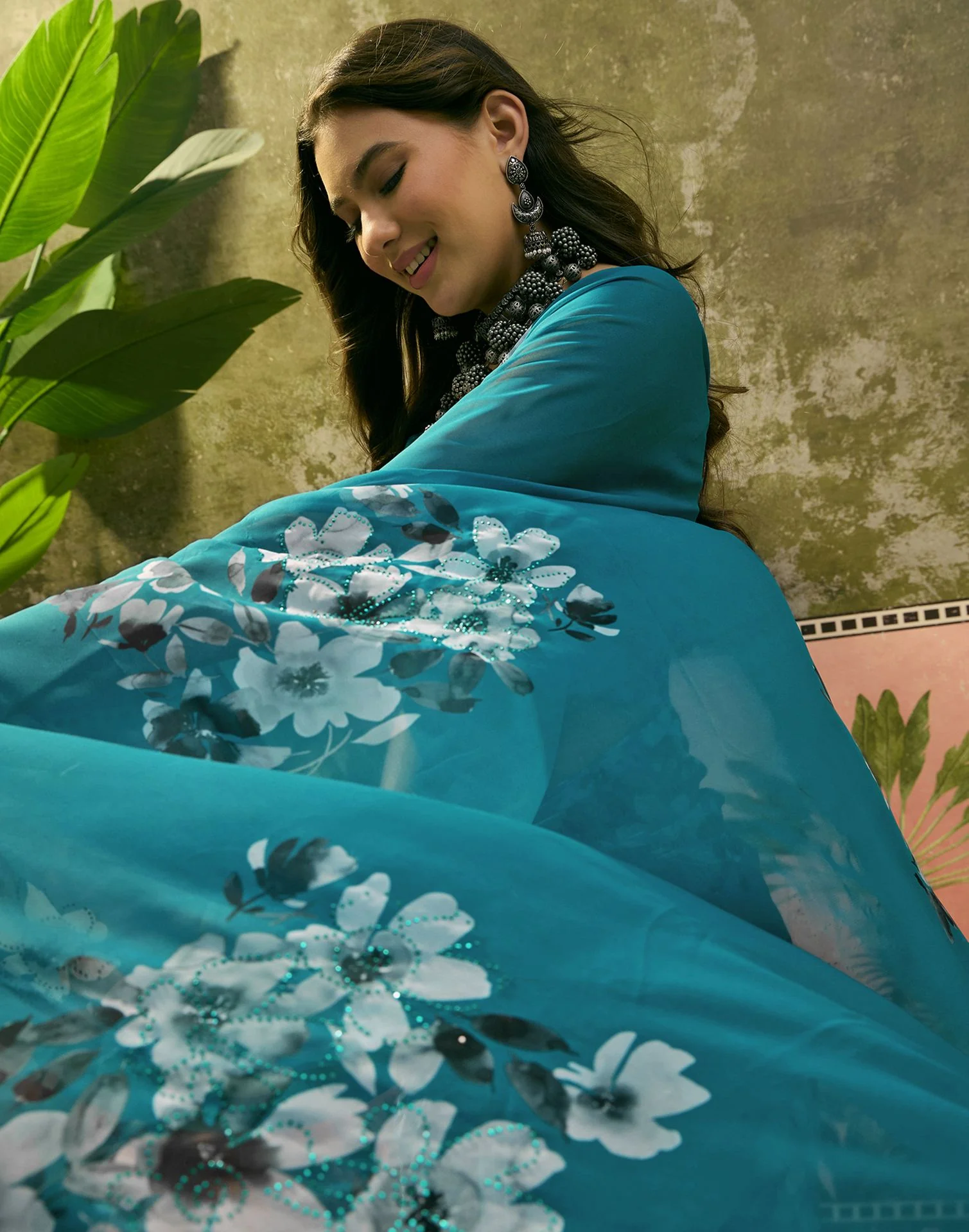 Teal Blue Georgette Floral Printed Saree - Image 2