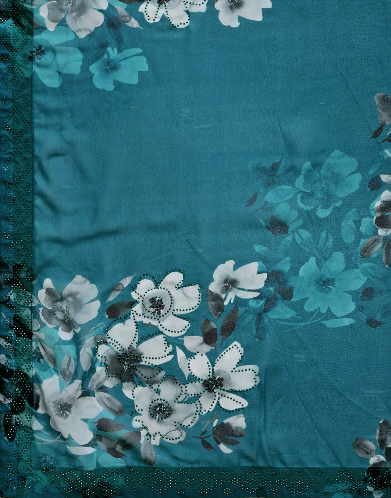 Teal Blue Georgette Floral Printed Saree - Image 9