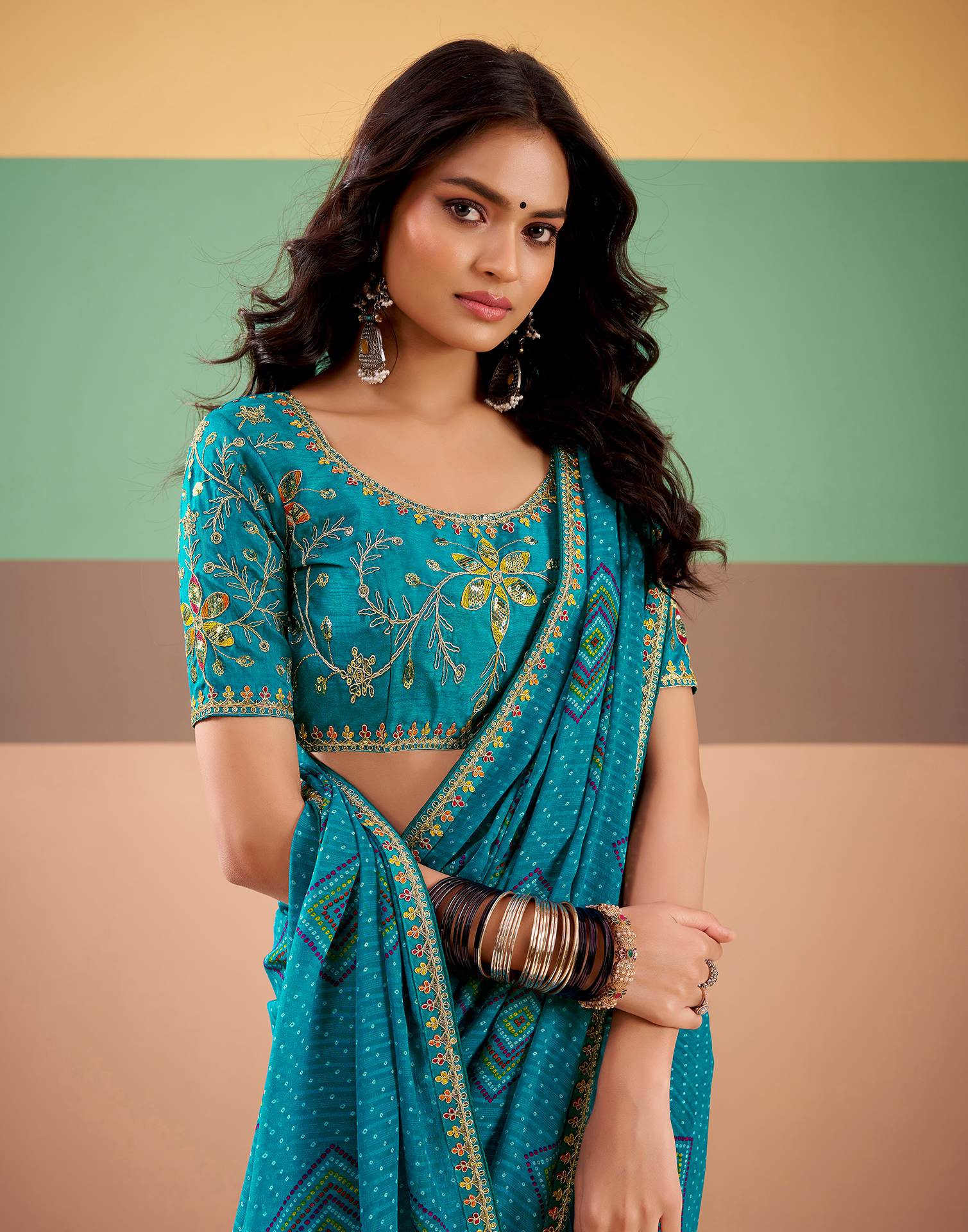 Teal Blue Georgette Printed Bandhani Saree - Image 2
