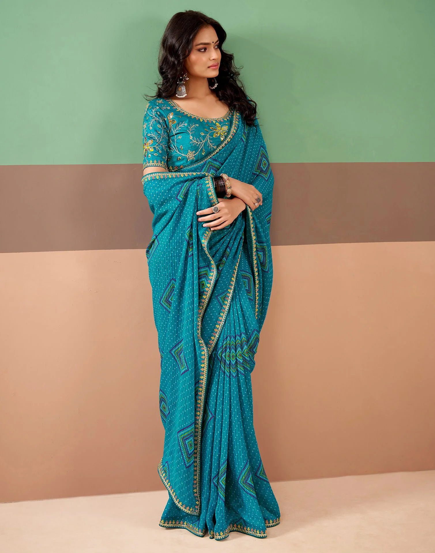 Teal Blue Georgette Printed Bandhani Saree - Image 4