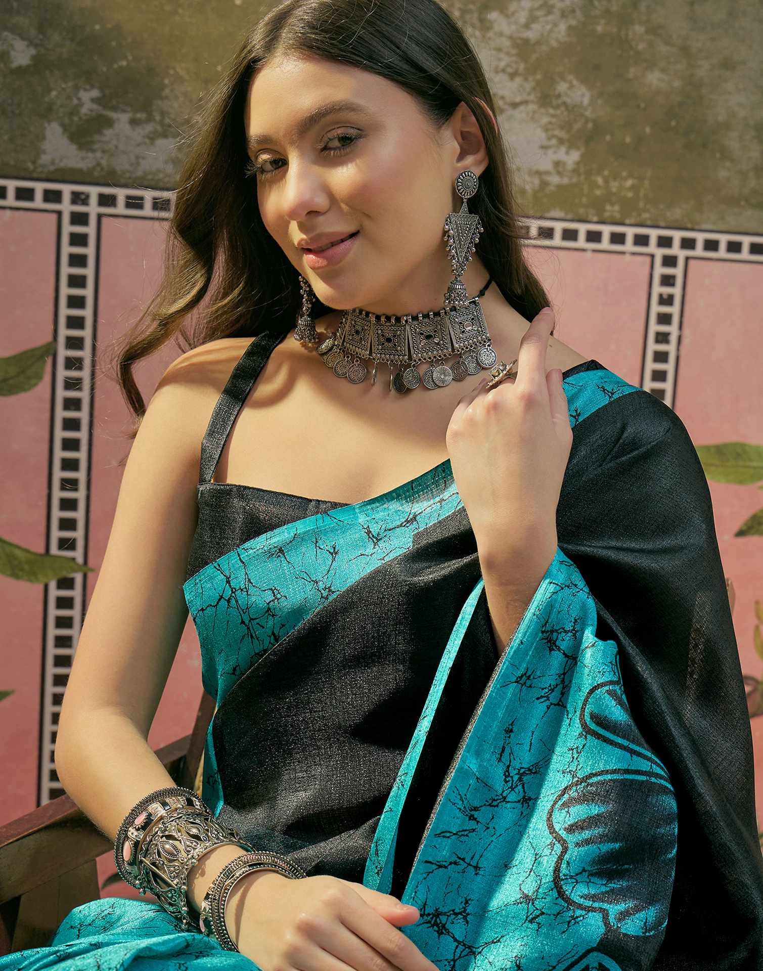 Teal Blue Khadi Floral Printed Saree - Image 2