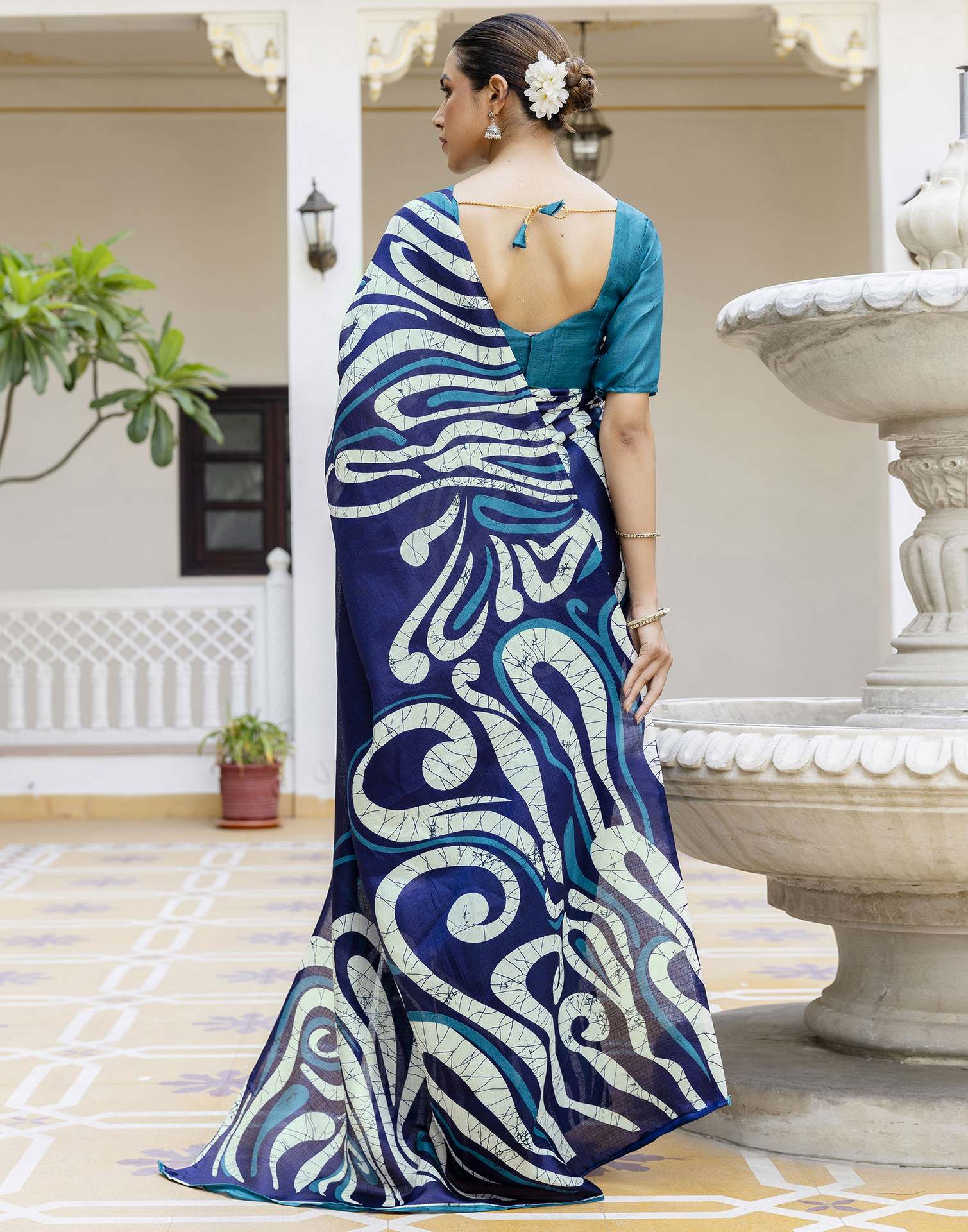 Teal Blue Khadi Printed Saree - Image 7