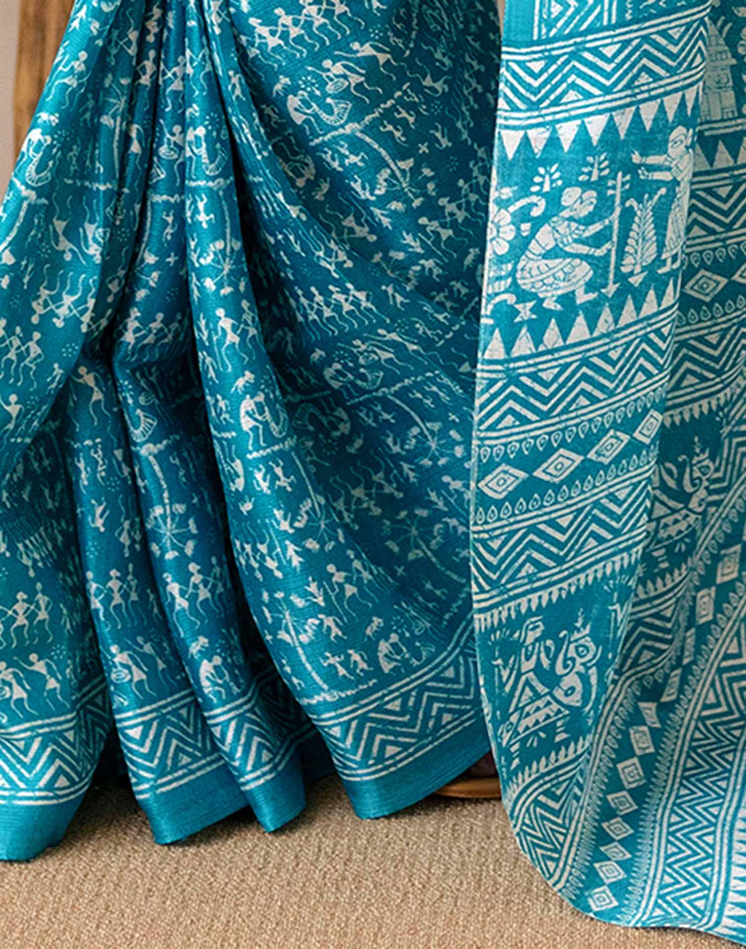 Teal Blue Khadi Printed Saree - Image 9