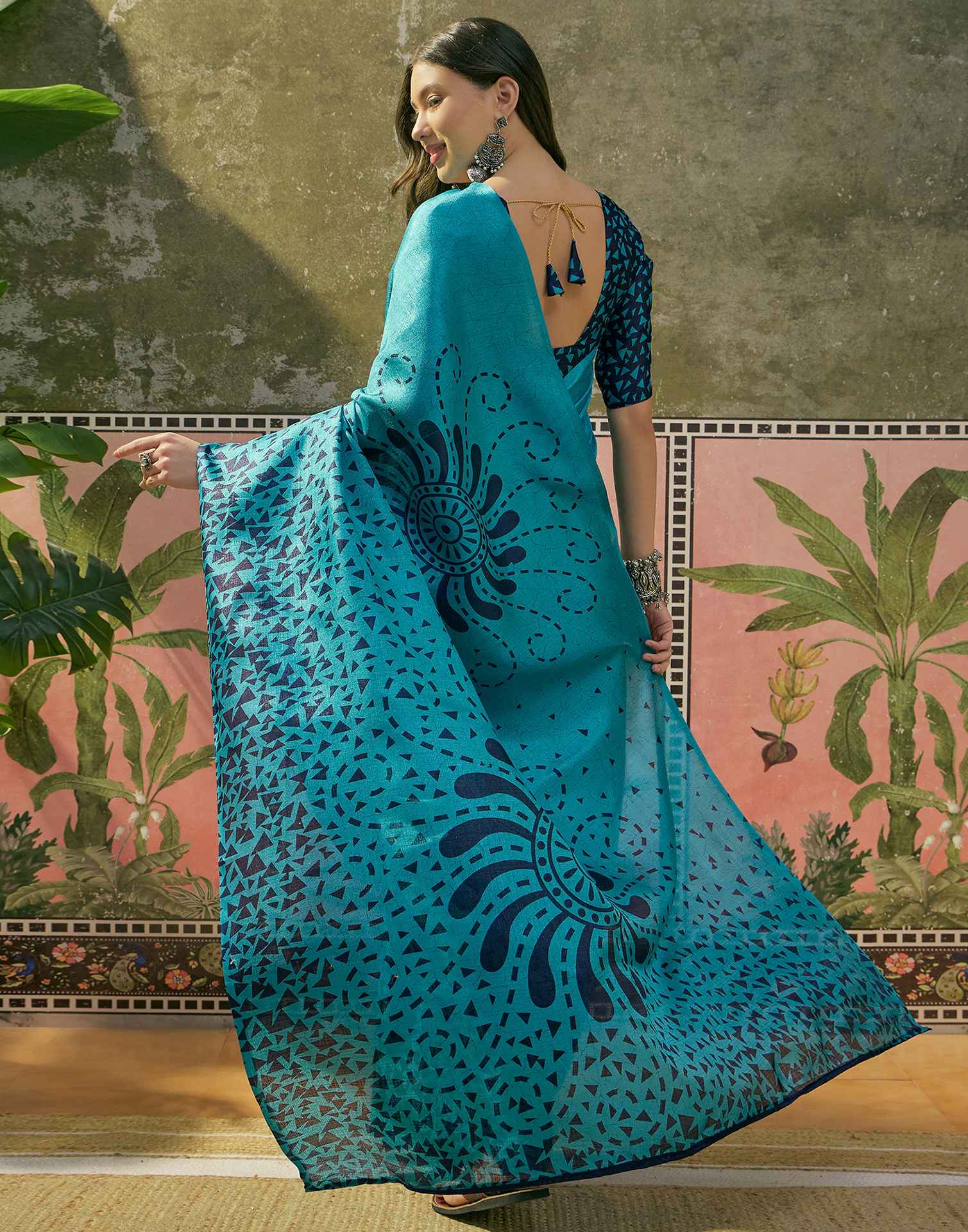 Teal Blue Khadi Printed Saree - Image 6