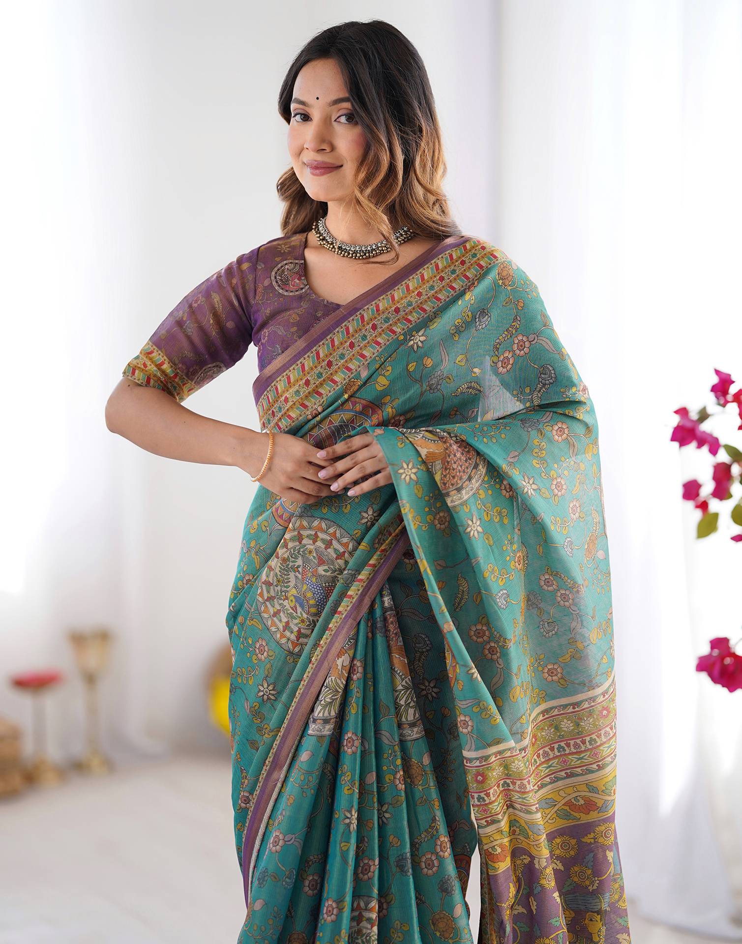 Teal Blue Linen Kalamkari Printed Saree - Image 2
