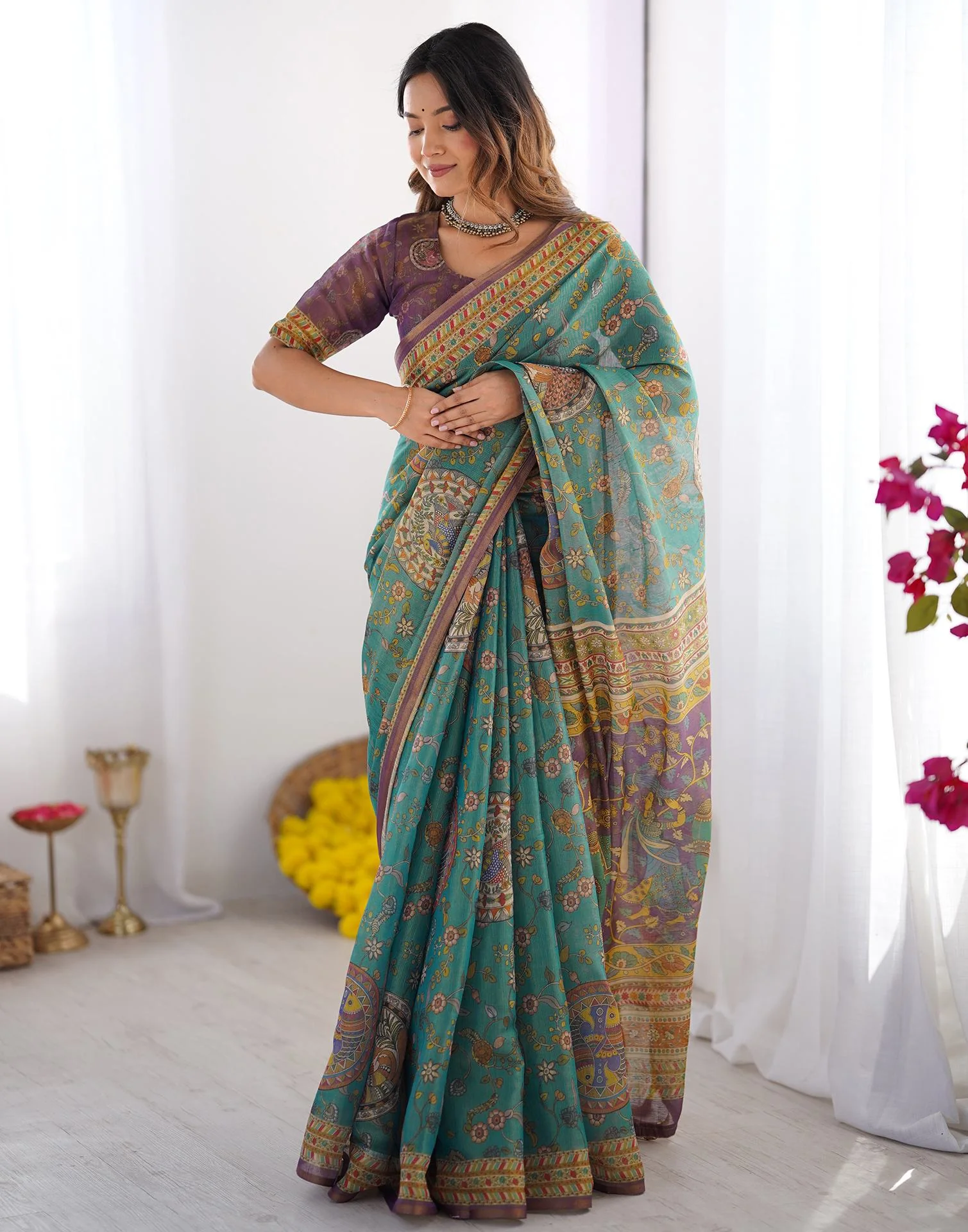 Teal Blue Linen Kalamkari Printed Saree - Image 5
