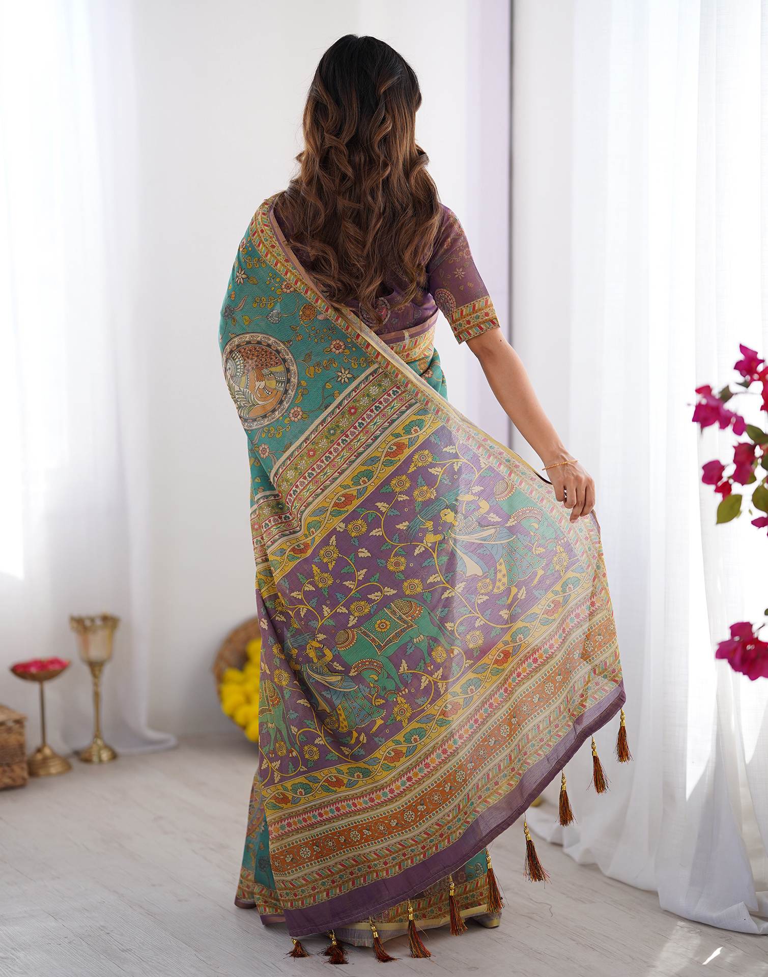 Teal Blue Linen Kalamkari Printed Saree - Image 6