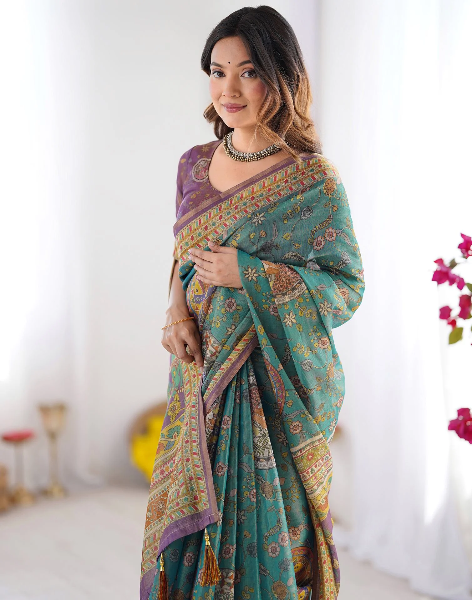 Teal Blue Linen Kalamkari Printed Saree - Image 7