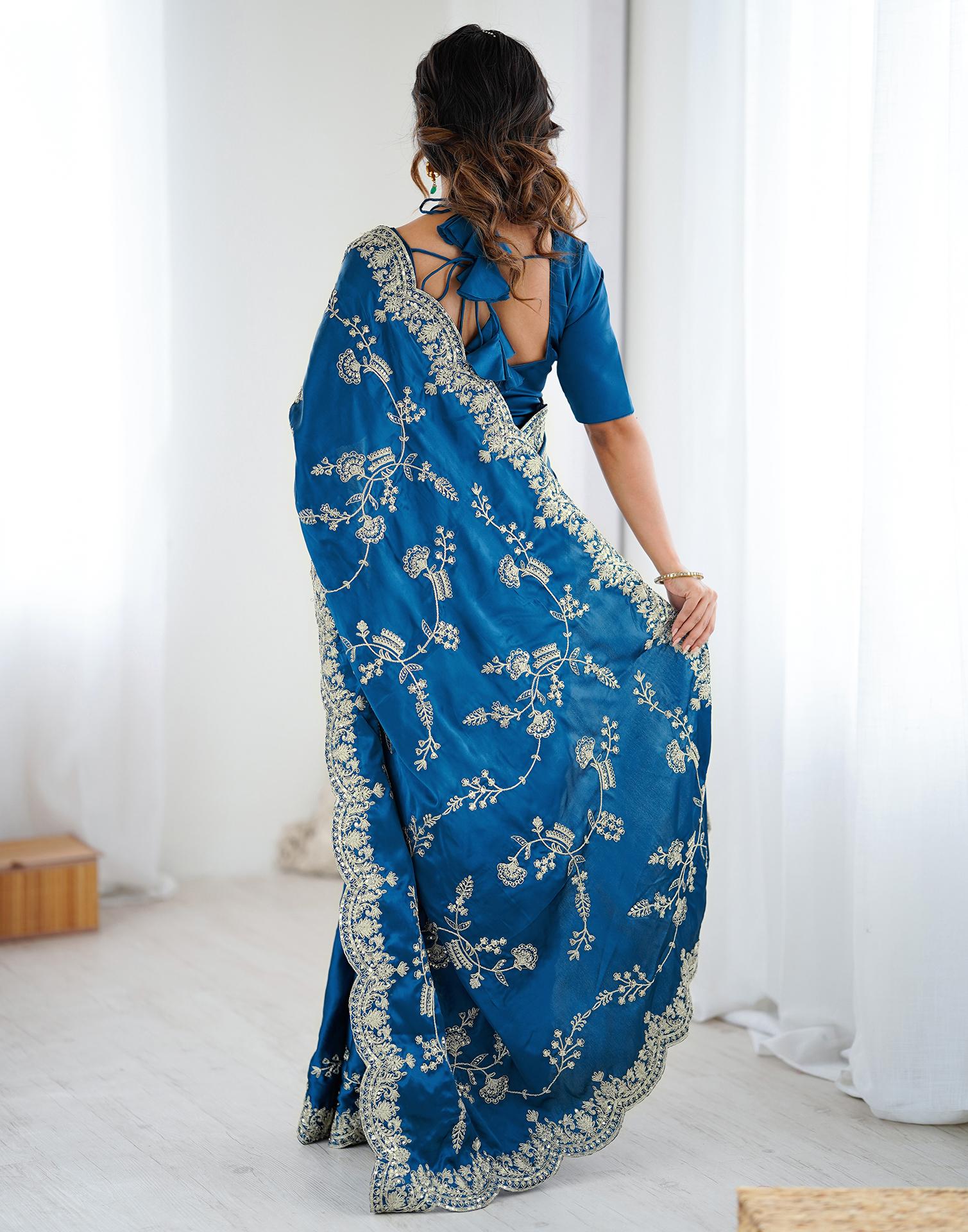 Teal Blue Satin Sequence Embroidery Saree - Image 7