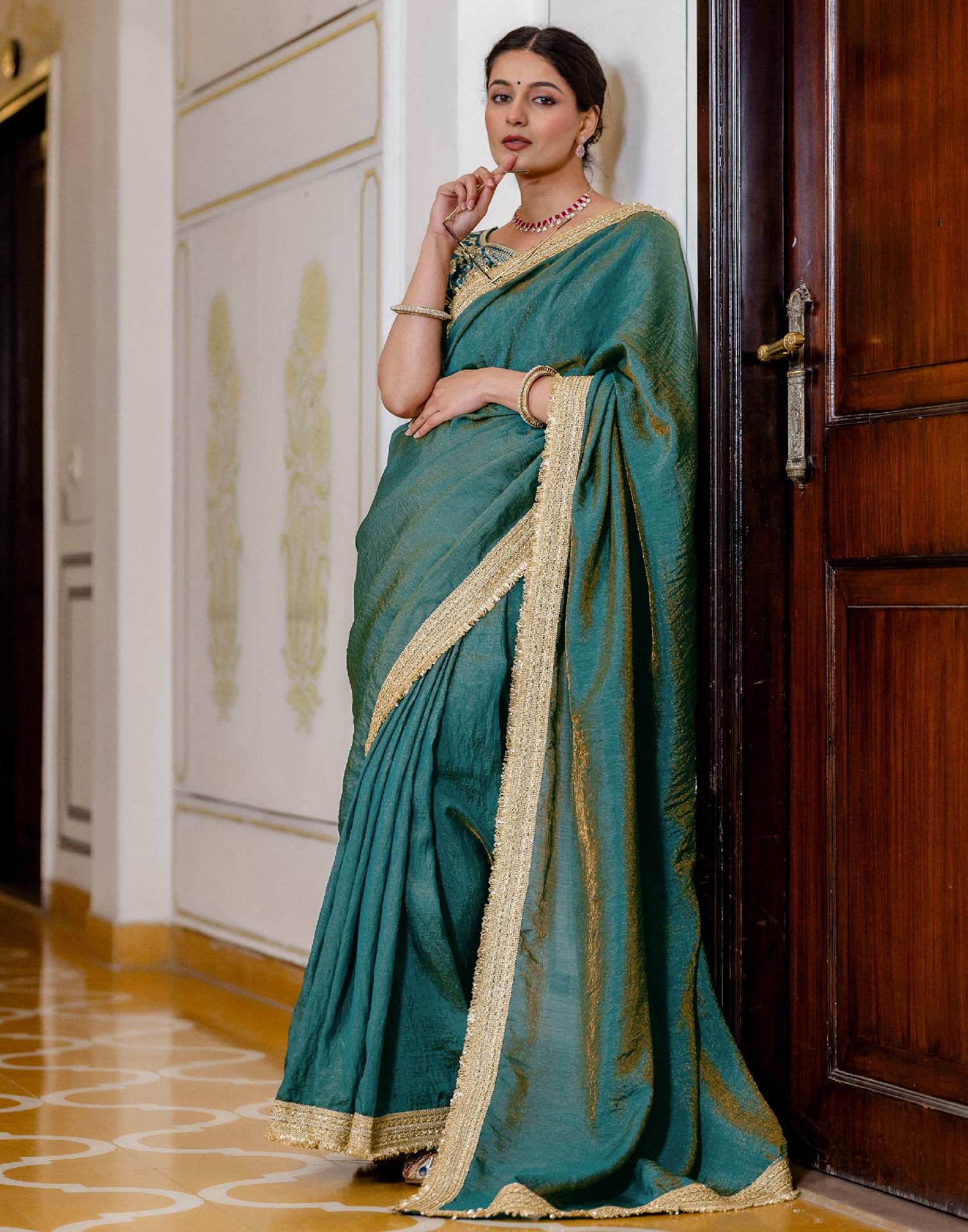Teal Blue Shimmer Chiffon Lace Saree - Image 6