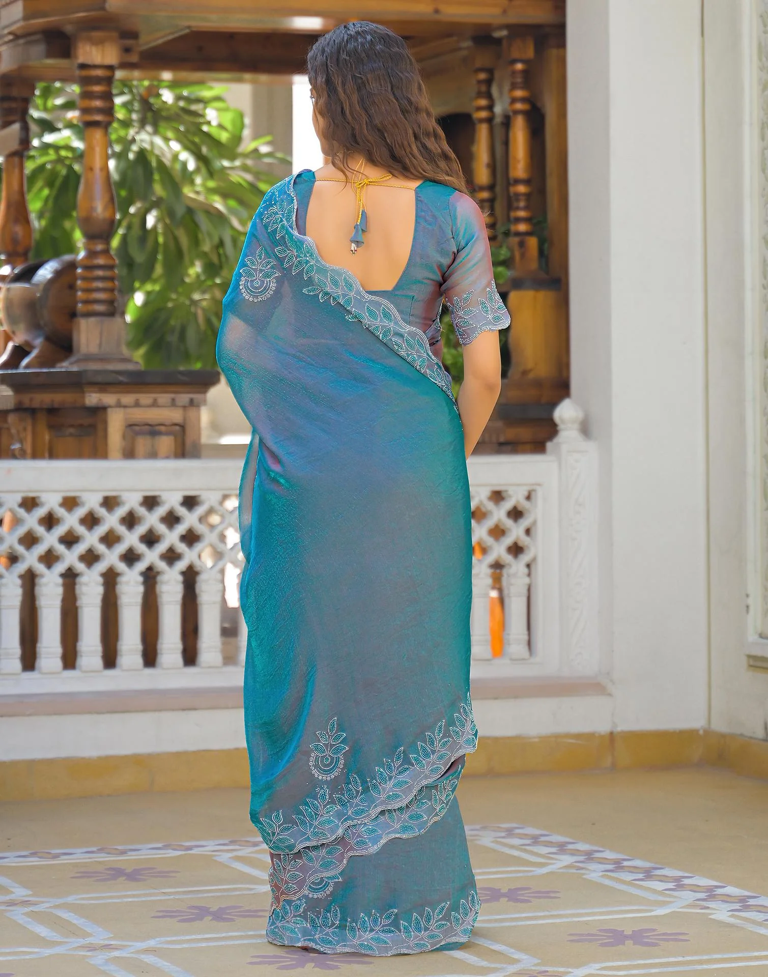 Teal Blue Shimmer Chiffon Stone Work Swarovski saree - Image 6